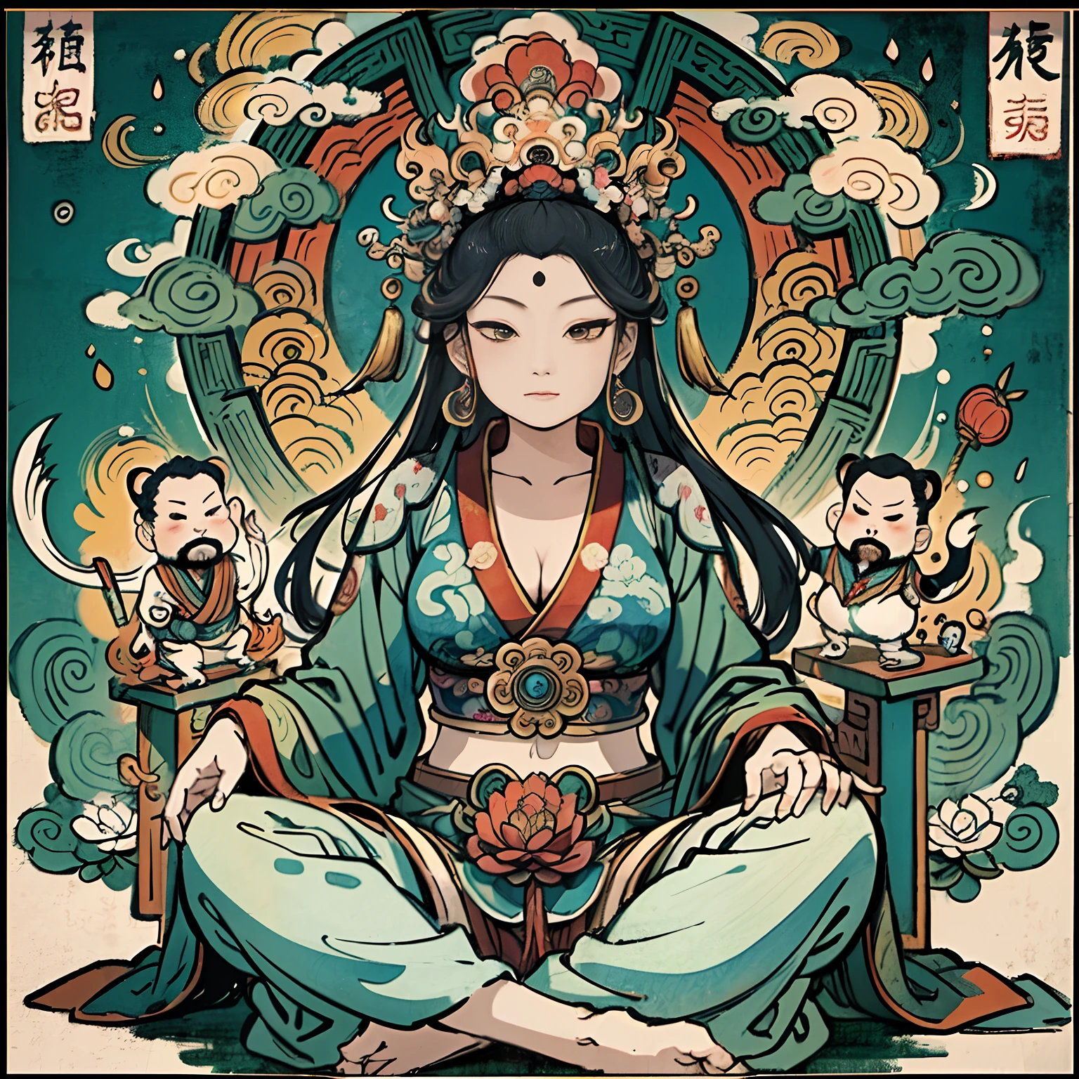 an ancient Chinese goddess, guanyin of the southern seas, Guanyin, Inspired by India, Avalokiteshvara rides a tiger，,Serene expression,shui mo hua,Buddha,Buddhist,Lotus,Chinese painting style,Thangka style