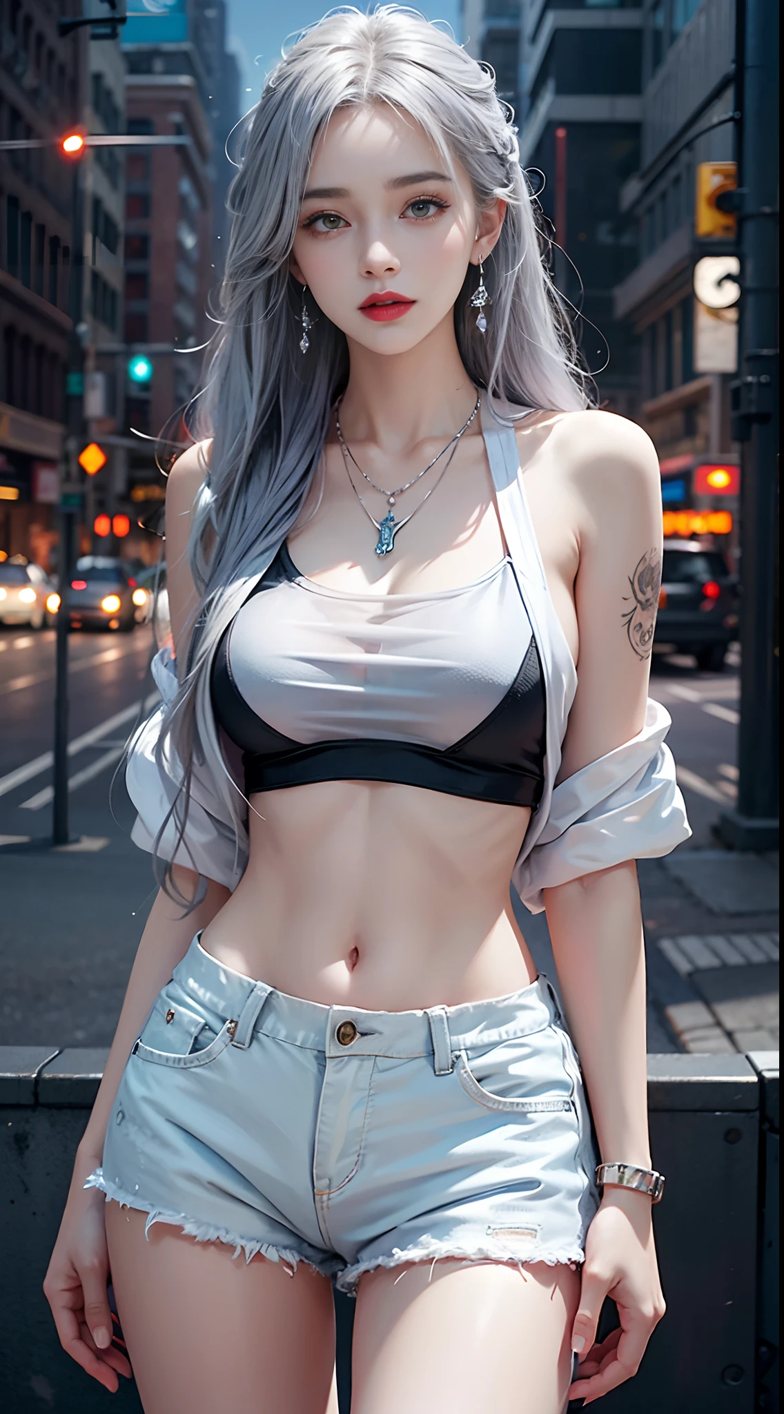 Urban beautiful girl college student, masterpiece, light makeup, red lips, silver hair, messy long hair, street background, beautiful, elegant. Ultra-fine details, master works, real texture, cinematic lighting realism, perfect work, 8k, HD, exquisite facial features, white tight open-cut top, transparent white tight shorts, slim figure, bright big eyes, smooth skin, earrings, necklace, tattoos