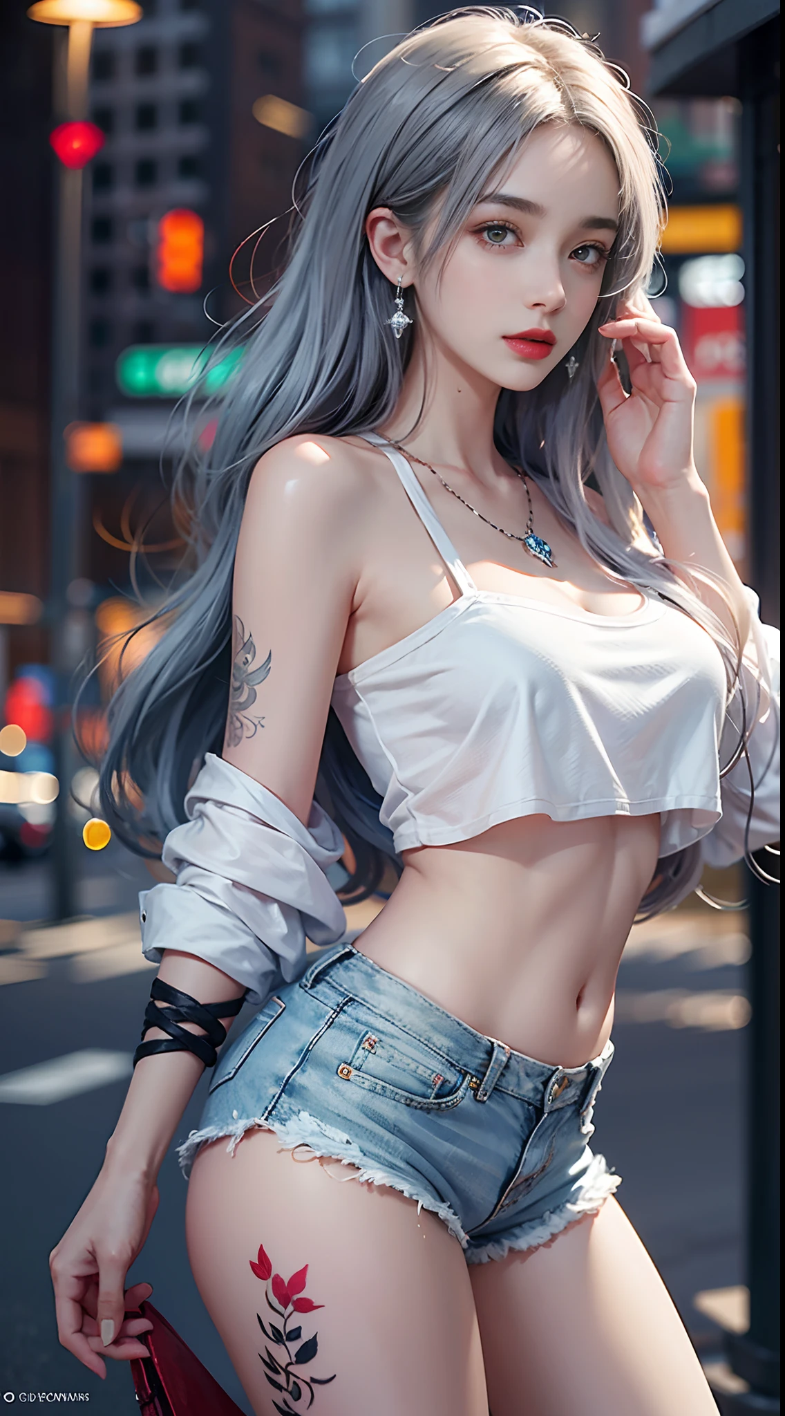 Urban beautiful girl college student, masterpiece, light makeup, red lips, silver hair, messy long hair, street background, beautiful, elegant. Ultra-fine details, master works, real texture, cinematic lighting realism, perfect work, 8k, HD, exquisite facial features, white tight open-cut top, transparent white tight shorts, slim figure, bright big eyes, smooth skin, earrings, necklace, tattoos