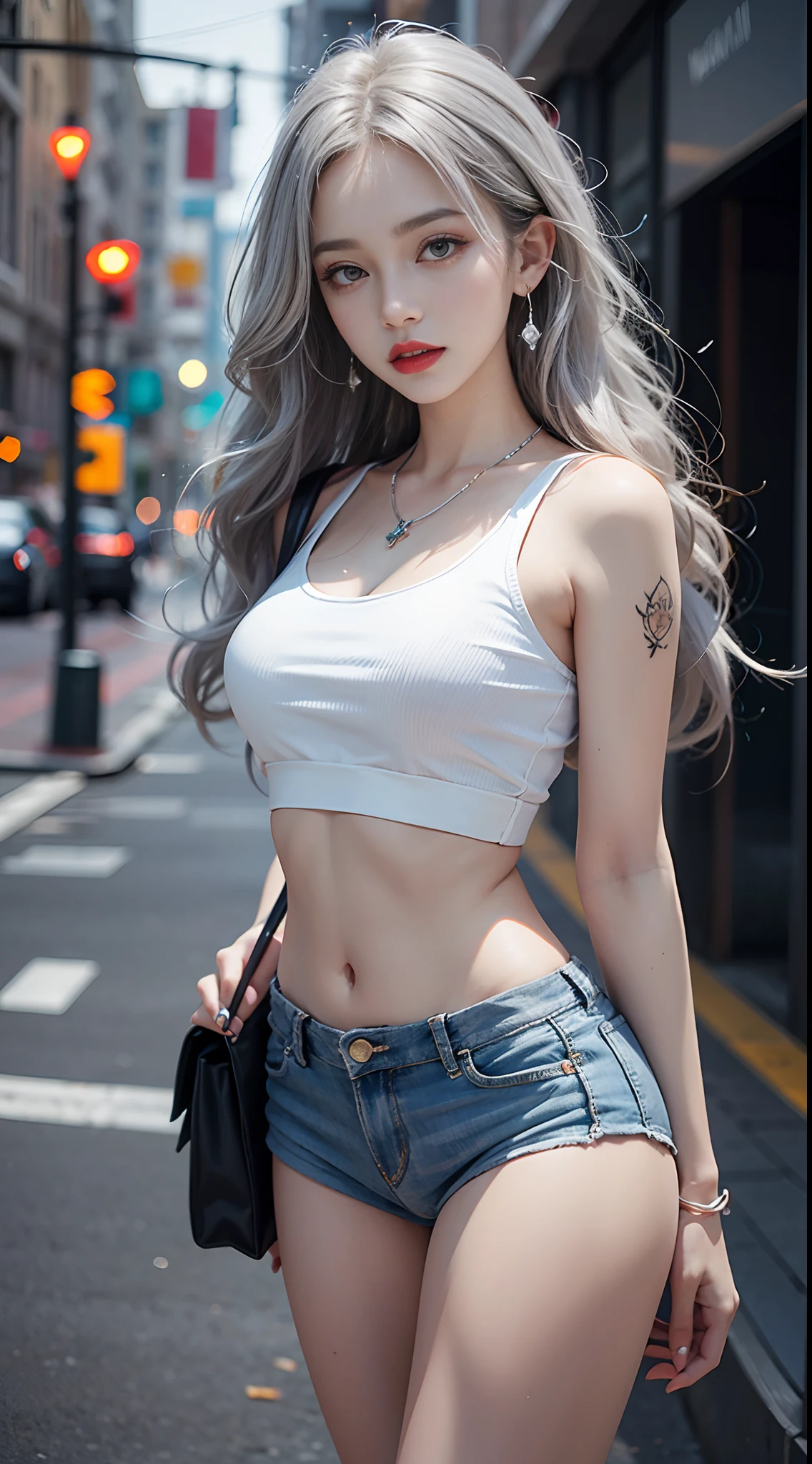 Urban beautiful girl college student, masterpiece, light makeup, red lips, silver hair, messy long hair, street background, beautiful, elegant. Ultra-fine details, master works, real texture, cinematic lighting realism, perfect work, 8k, HD, exquisite facial features, white tight open-cut top, transparent white tight shorts, slim figure, bright big eyes, smooth skin, earrings, necklace, tattoos