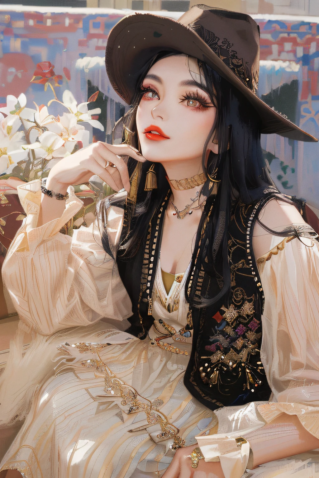 There was a woman sitting on a sofa wearing a hat, brown cowboy hat,Xinjiang ethnic skirt,Black vest, shaxi, lovely bohemian princess, bohemian fashion, The expression is cold,Redlip,largeeyes,Black pupils,Black hair,Bracelet,jewely,Slim fingers,gyuru,Beige background,Beige tones,Album art, Cover photo portrait, inspired by Shao Mi,