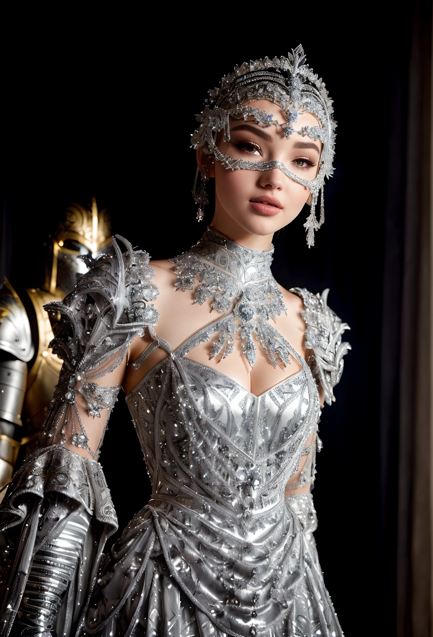 a close up of a woman in a silver dress with a mask on, dove cameron in a knight armor, intricate costume design, stunning armor, intricate fantasy dress, ornate cosplay, jeweled costume, covered in full silver armor, silver intricate armor, award winning costume design, intricate chrome headdress, olivia culpo as milady de winter, beautiful armor