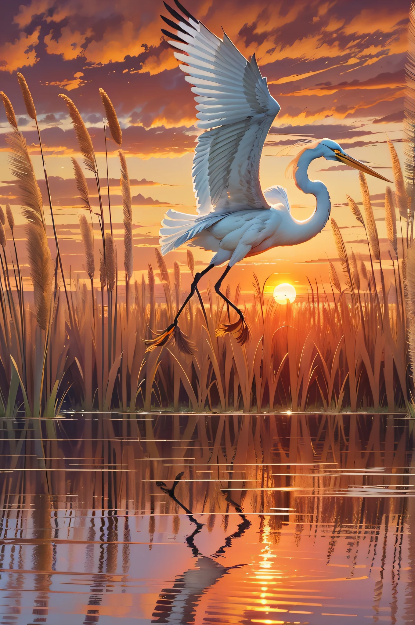 (the setting sun:1.3),phragmites,(1 egret flying in the sky),phragmites,Eau,Beautiful,Reflection on the surface of the water,OilPaintStyle,(Perfect artwork,high qulity,high detal,Master masterpieces,8K:1.5)