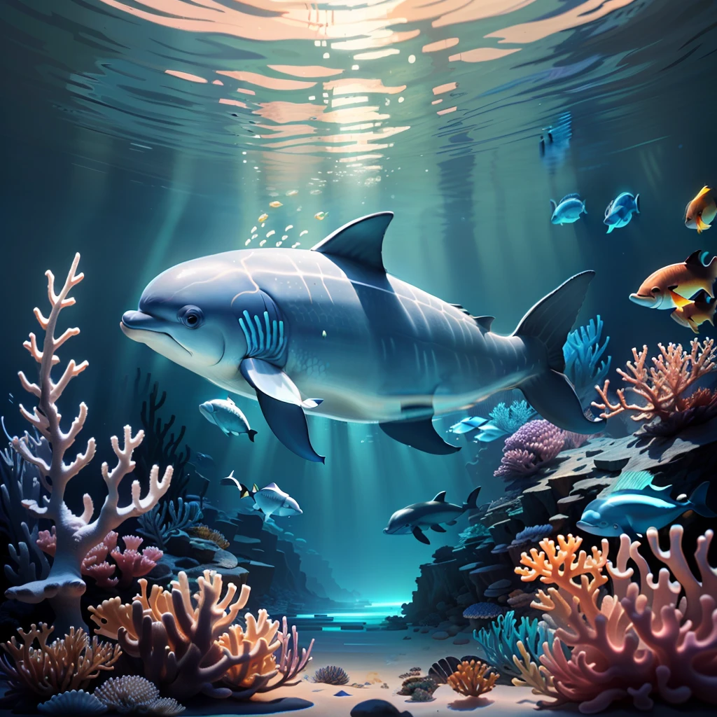 ​masterpiece、best qualtiy、Stunning reflections、Best reflection ever。 (Highly detailed CG Unity 8k wallpapers)、(top-quality)、(The best illustrations)、(Best Shadows)、Nautical theme with natural elements。a dolphin、Variety of shells、Colorful small fish、Small fish and glowing particle effect、、（Natural elements）、（Coral Reef theme）、（tortoise）、（Small fish）、（a dolphin）、(Glow)、(particle effect)。 、Isometric 3D、Octane Rendering、lay tracing、ultra-detailliert