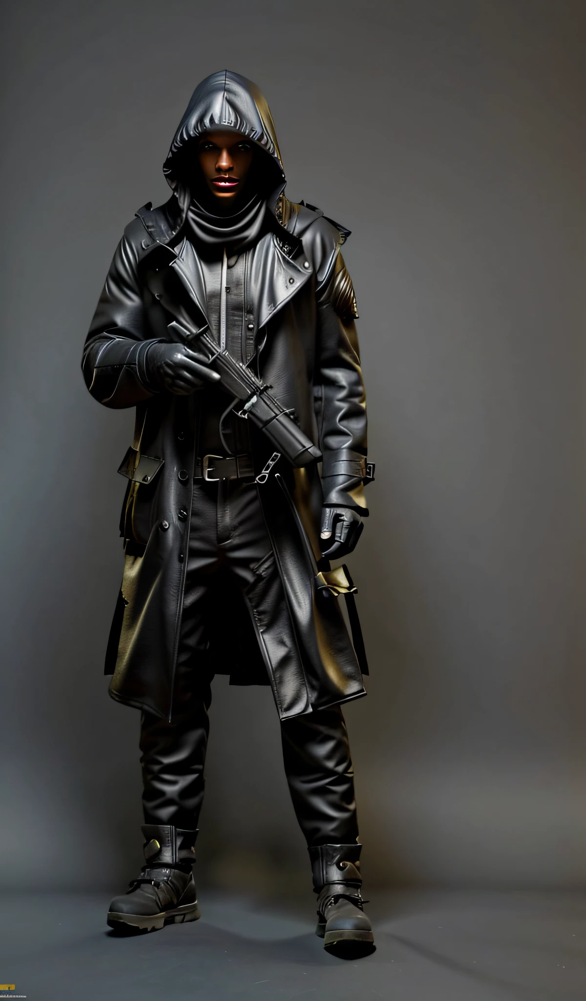 Wear a hooded jacket and gloves，Holding a gun, a black trench coat，Leather clothes，satchel，hooding，folds，wind coat， Dystopian bounty hunter, sci fi character concept, scifi character render, sci fi character concept, full portrait of electromancer, sci - fi character, 8 k character concept art, 8k character concept art