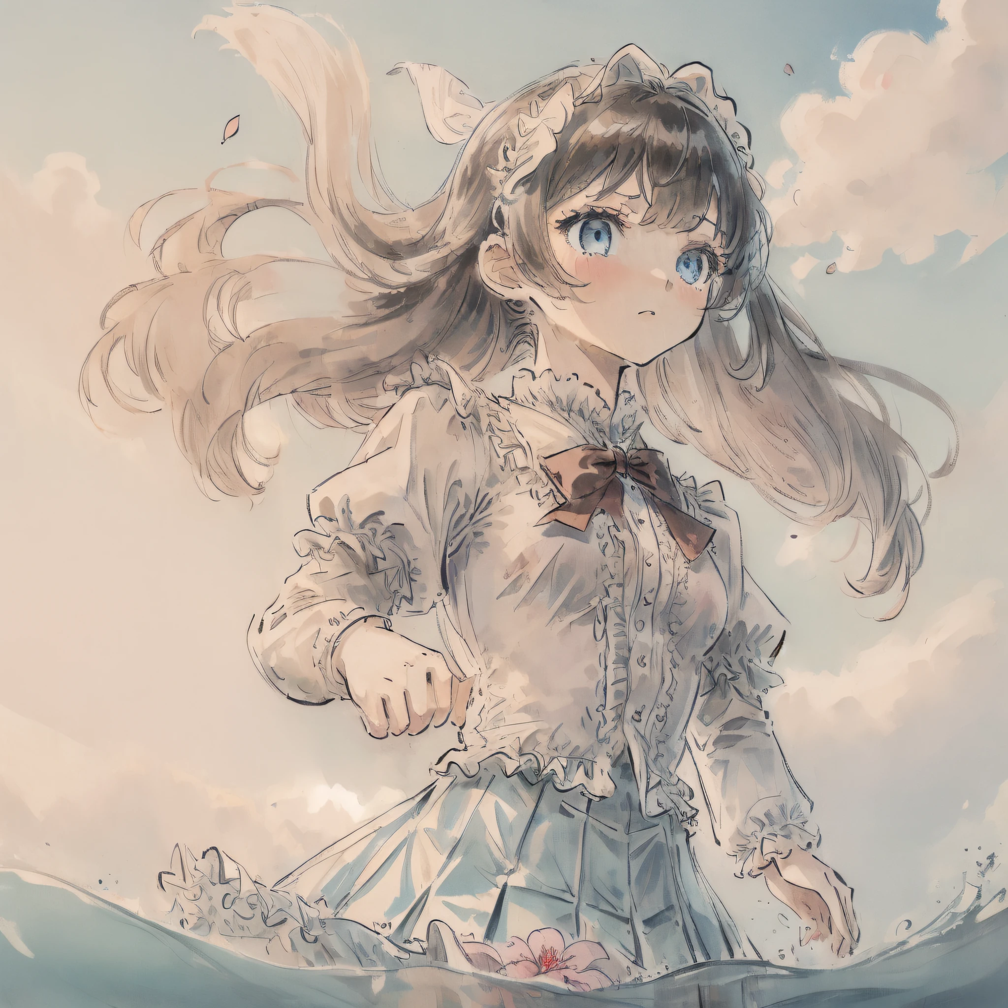 ((masterpiece)), (((best quality))), ((ultra-detailed)), ((illustration)), ((disheveled hair)), ((frills)), (1 girl), (solo), dynamic angle, big top sleeves, floating, beautiful detailed sky, on beautiful detailed water, beautiful detailed eyes, overexposure, (fist), expressionless, side blunt bangs, hairs between eyes, ribbons, bowties, buttons, bare shoulders, (((small breast))), detailed wet clothes, blank stare, pleated skirt, flowers