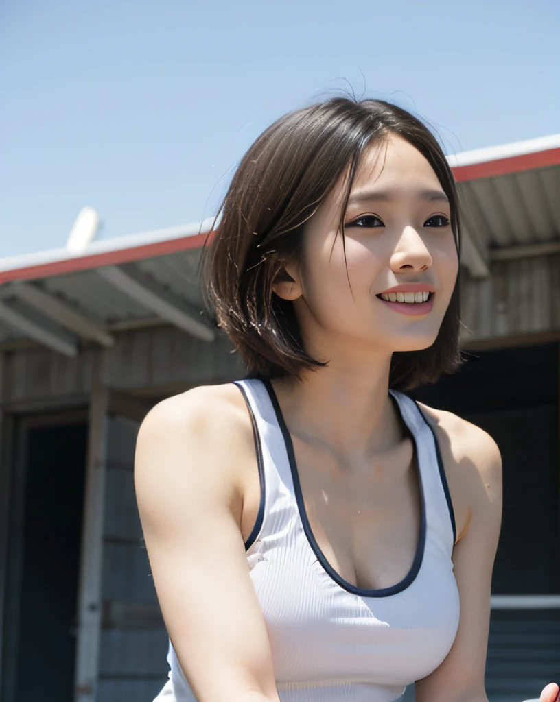 zydG, 1girls, Front view, stand, looking the viewer, exposed skin, (from below),brown-eyed, (brown very short hair:1.2), (light hair), (medium breasts:1.4), smile with white teeth, (photorealestic:1.4), (Top image quality:1.0), (UltraHighResolution:1.0), 8K, Raw photography, (A masterpice:0.2), track and field uniforms, show abs, (sweat, wetty:1.1), portlate, facefocus, ful body,(pureerosface_v1:0.5), outdoor, track and field,