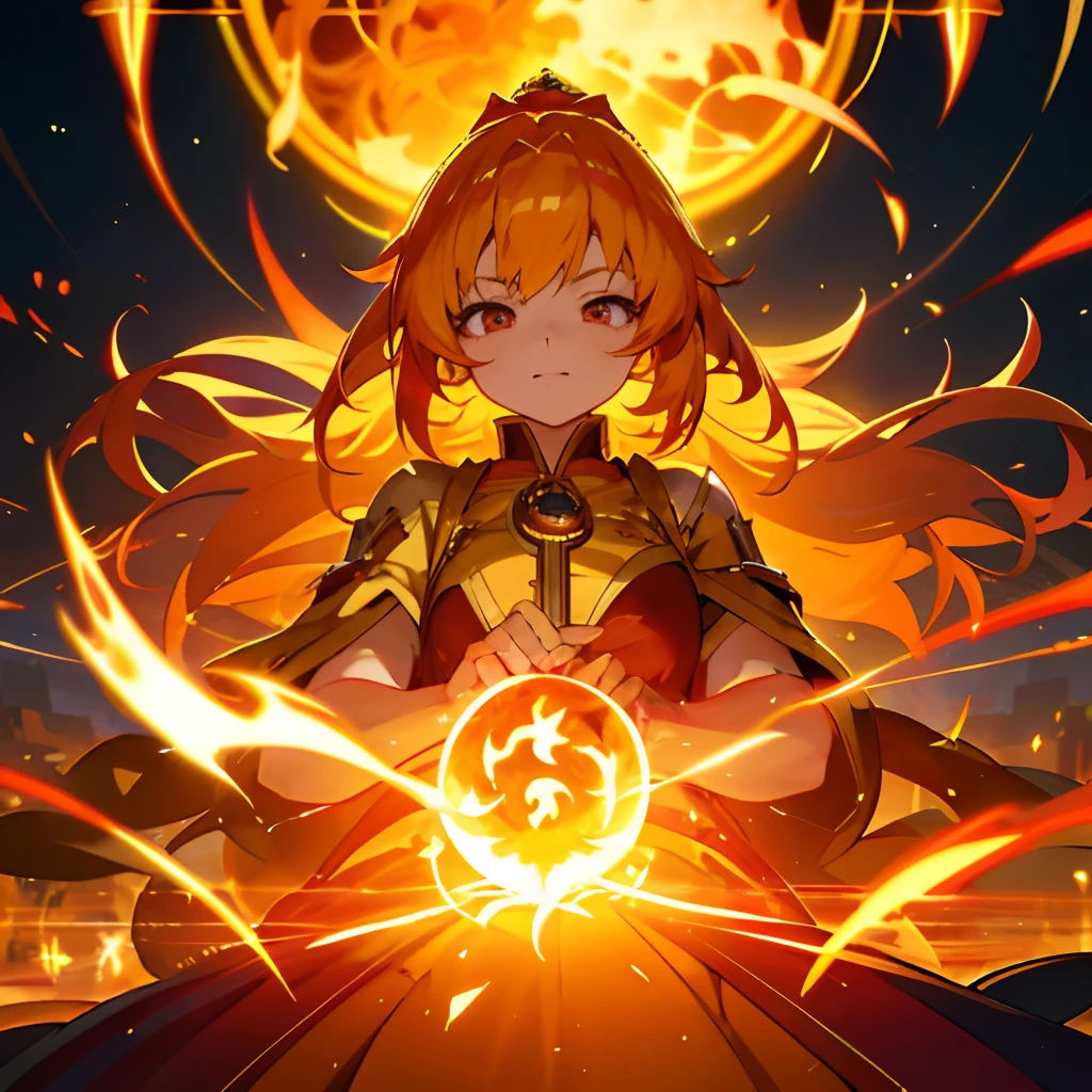 Anime girl in a golden dress，fiery flames, Anime goddess, cute  face，Flame Spell Alchemist Girl, palaces，2. 5 D CGI anime fantasy artwork, Epic light novel art cover, Kushatt Krenz Key Art Women