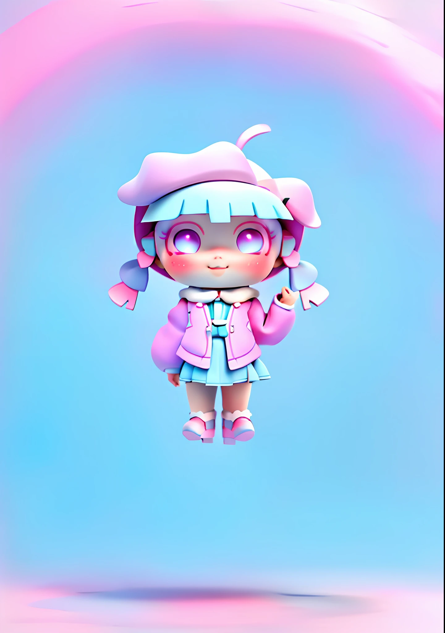 Cute girl，Bright colors，Modeling，Pink coat，Short blue skirt，Khaki snow boots，Snow-white skin，baby pink hair，Lilac petal-shaped hat，Purple gradient eyes，Dopamine color matching，Dreamy gradient color matching，having fun，pale pink blush，Smooth skin，Black and silver camera