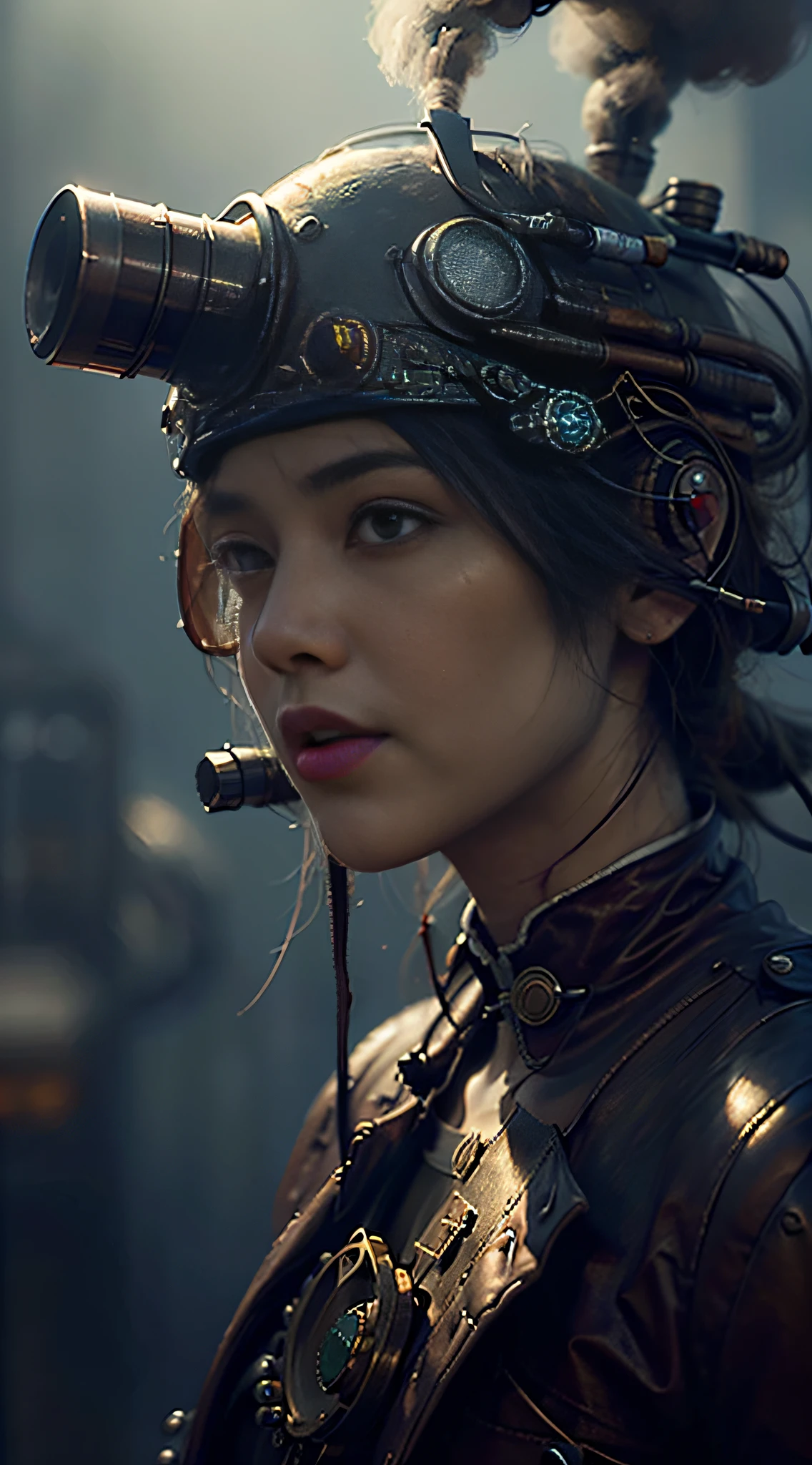 There was a woman wearing a steam-powered helmet, steampunk concept art, digital steampunk art, arte steampunk de alta qualidade, wojtek fus, steampunk digital art, detailed steampunk illustration, Portrait of a mechanical woman, Steampunk art, estilo de arte dieselpunk, Cyberpunk Steampunk, estilo de fantasia steampunk, Highly detailed 4K digital art, Sci-fi steampunk，Ray traching，Stereoscopic lighting，The picture is in cool tones，Grandiose narrative scenes，lightand shade contrast，Color contrast，Extremely delicate，hyper HD，Ray tracing of the main characters，rendering by octane