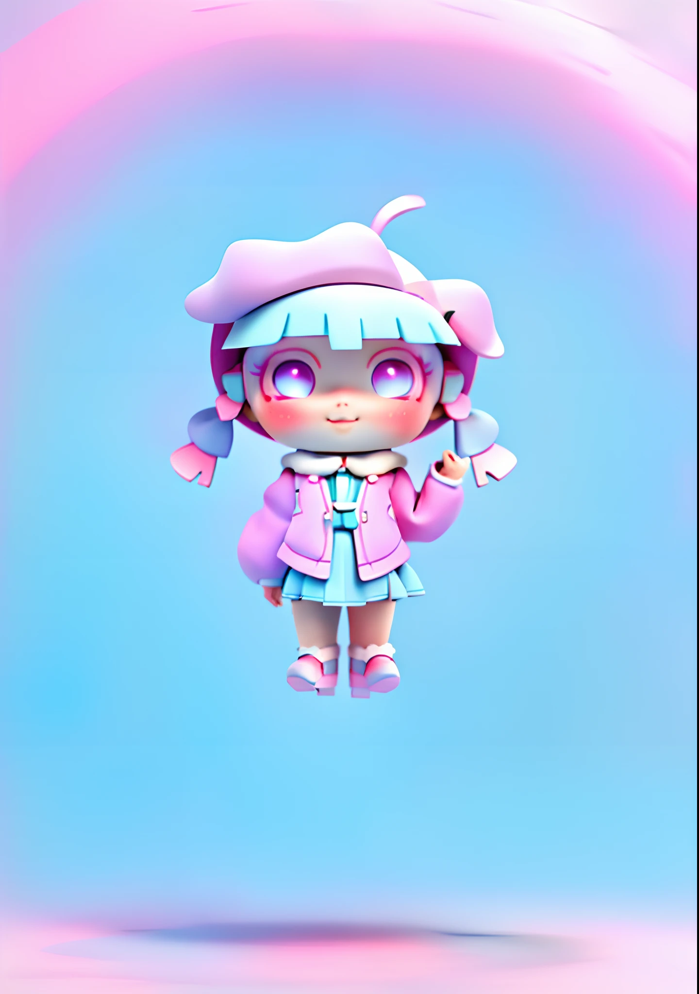 Cute girl,Bright colors,Modeling,Pink coat,Short blue skirt,Khaki snow boots,Snow-white skin,baby pink hair,Lilac petal-shaped hat,Purple gradient eyes,Dopamine color matching,Dreamy gradient color matching,having fun,pale pink blush,Smooth skin,Black and silver camera