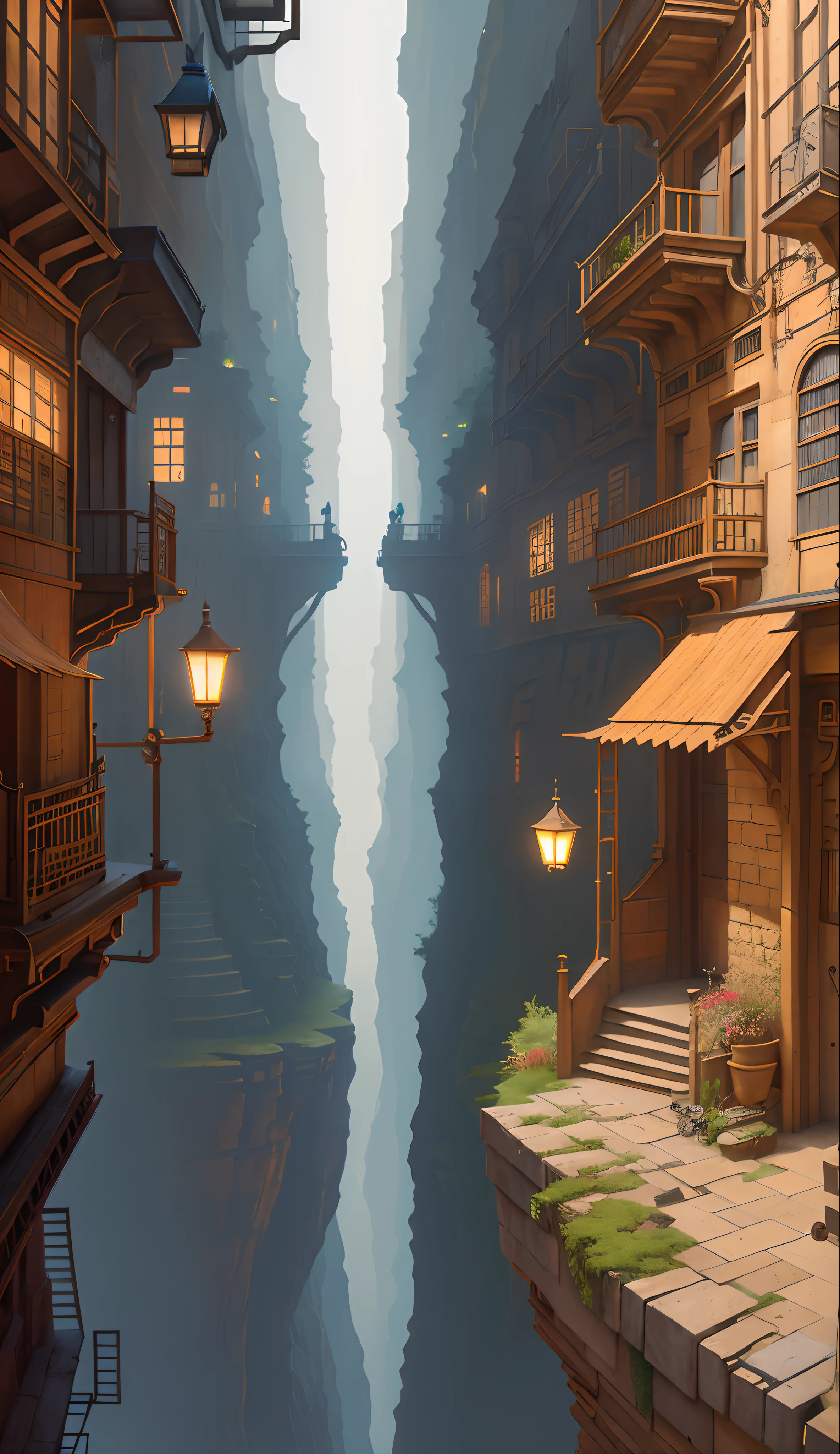 ((masterpiece)),((best quality)),((high detial)),((realistic,)) Industrial age city, deep canyons in the middle, architectural streets, bazaars, Bridges, rainy days, steampunk, European architecture