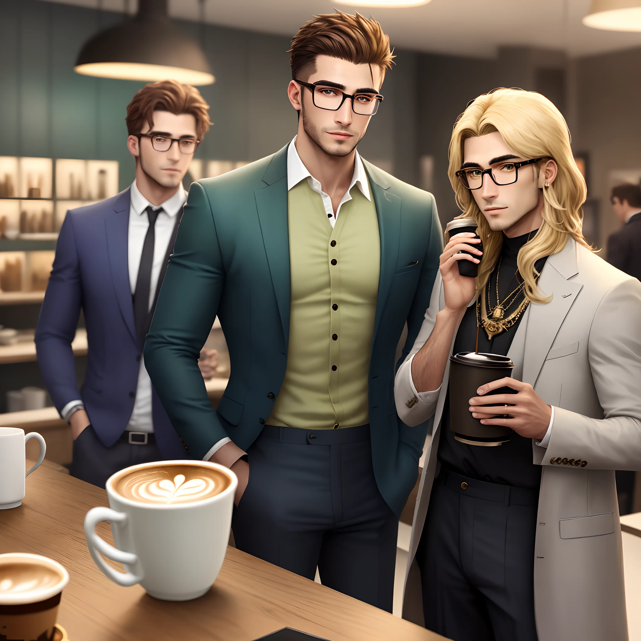 male people,Be over 180 tall,Green eyes,cabellos largos dorados,Wears a one-sided gold-tone glasses frame,Wear a couture blazer,Cup of coffee in hand