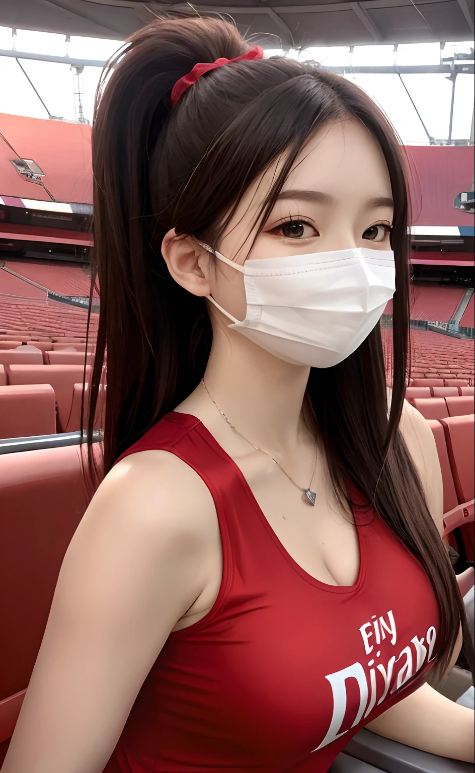 upper body,masterpiece, best quality,(photorealistic:1.4), highres, ponytail brown hair, jewelry hairpin,super big breast,in the stadium,long red Arsenal shirt Outfit, ((very loose ))big long wet red Arsenal shirt outfit, ((very loose ))big long wet red Arsenal outfit, see-through, Bare shoulders, cleavage, sexy,big and beautiful soft nipple,his mouth is covered with a mask, sitting in the stadium audience seats,