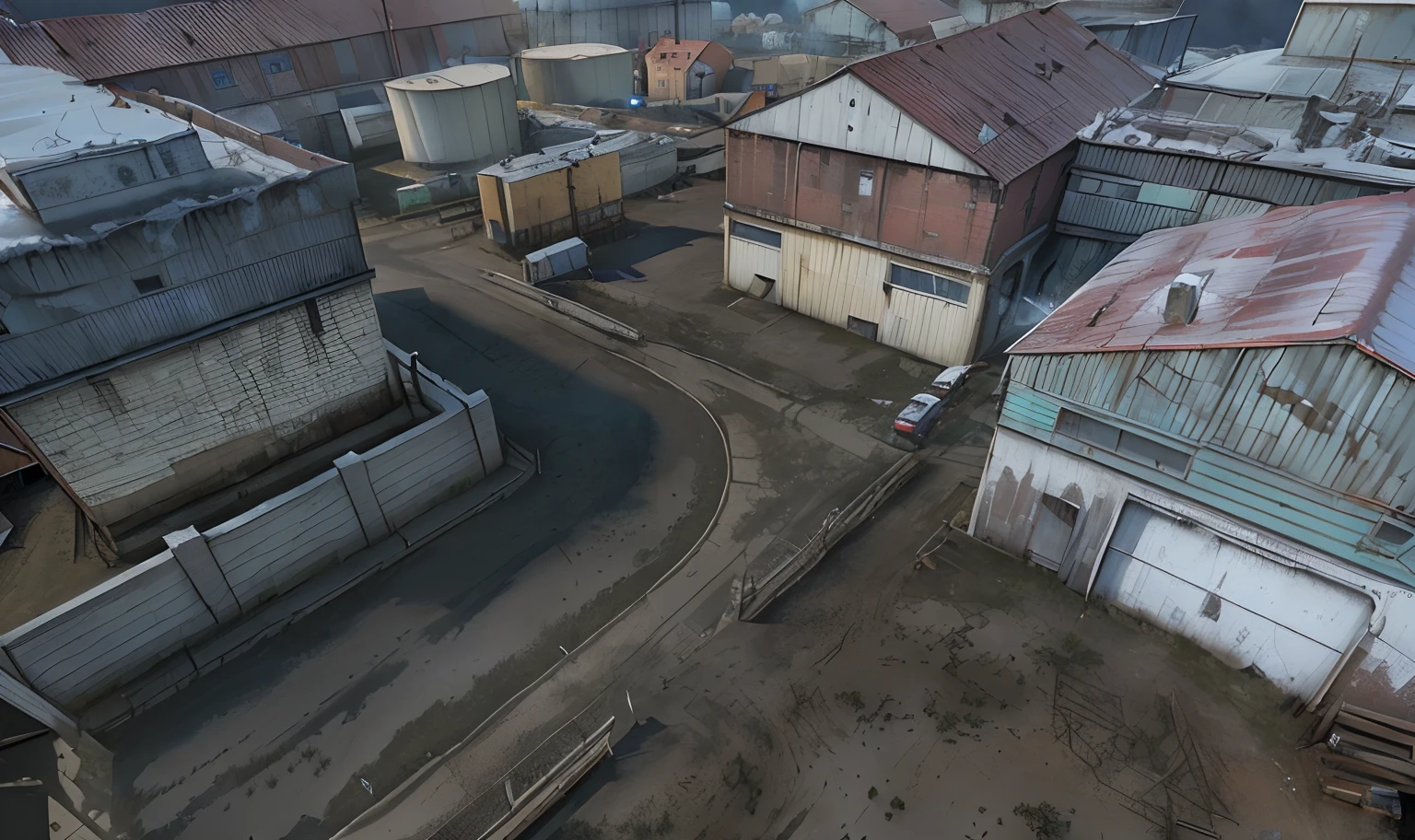 There is a photo of warehouses near the city with a large number of buildings, factory, Dirty street background, Screenshot from the game, industrial setting, ingame image, game, Ландшафт Airsoft Arena, Industrial environment, Realistic scene, Hyper-detailed scene, Industrial Environment, highly detailed scene, game cg, Steam Workshop Maps, In-game shot, An asset of the RPG game environment