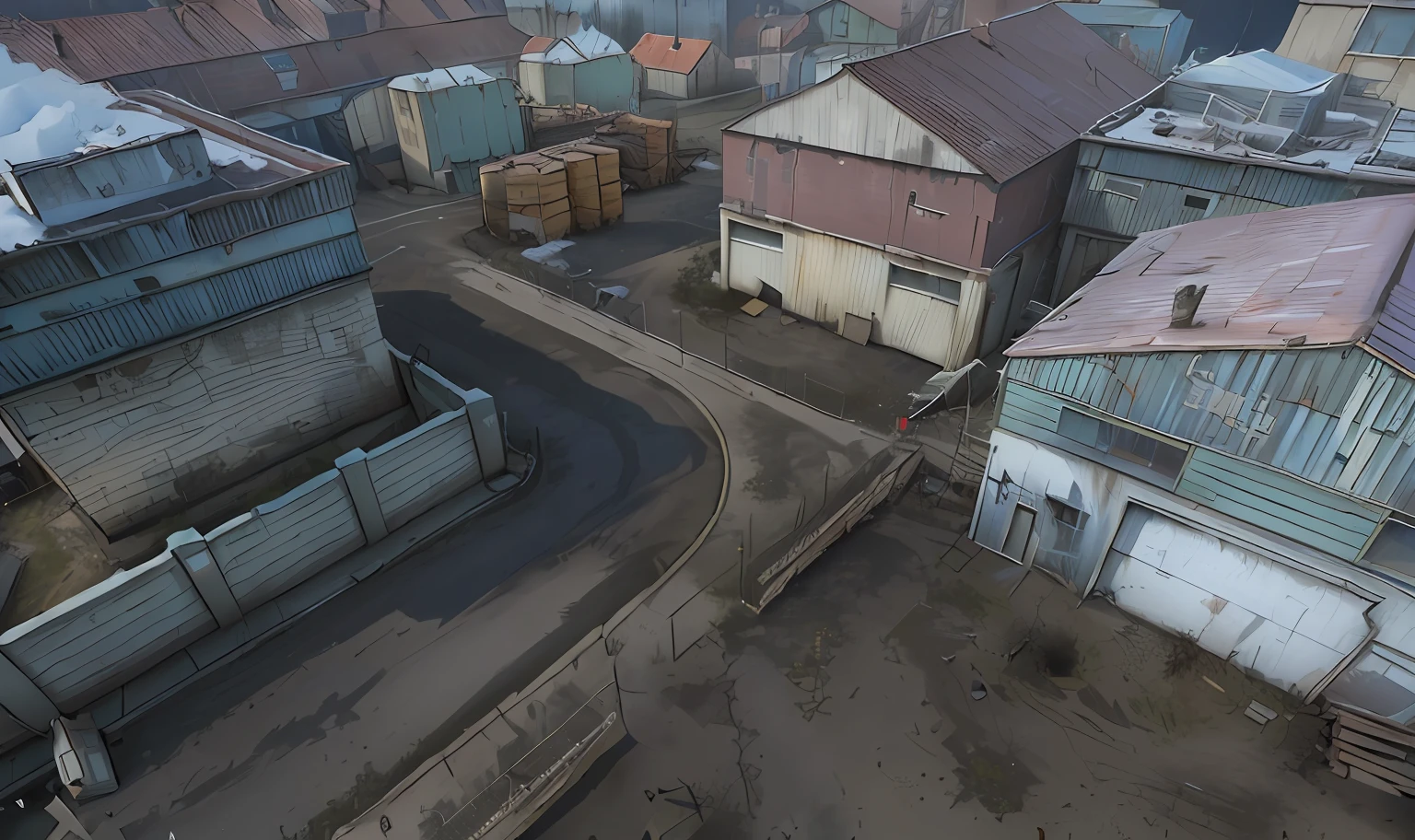 There is a photo of warehouses near the city with a large number of buildings, factory, Dirty street background, Screenshot from the game, industrial setting, ingame image, game, Ландшафт Airsoft Arena, Industrial environment, Realistic scene, Hyper-detailed scene, Industrial Environment, highly detailed scene, game cg, Steam Workshop Maps, In-game shot, An asset of the RPG game environment