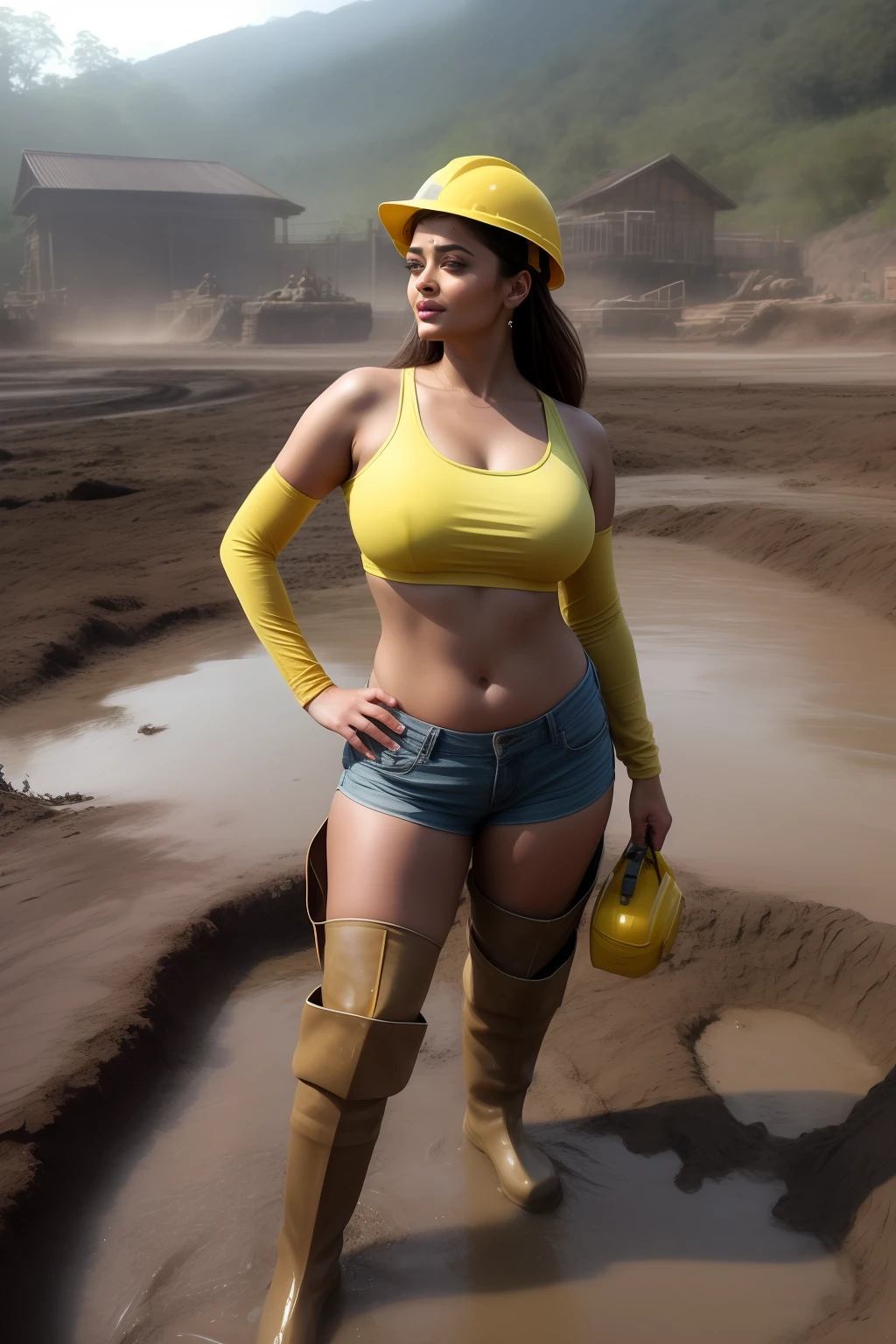 Aishwarya Rai as construction lady, hot pants shorts, high knee boots, tank top, massive cleavage, posing in mud pit, day scene, yellow helmet, navel out, breasts visible show, 90% breasts popping out, hourglass figure, massive breasts, nipple slip, fit, seductive face, look at camera and laugh, wet ponytail hair, erotic adult face, 40 yo, soft volumetric lights, intricate details, (ArtStation:1.2)