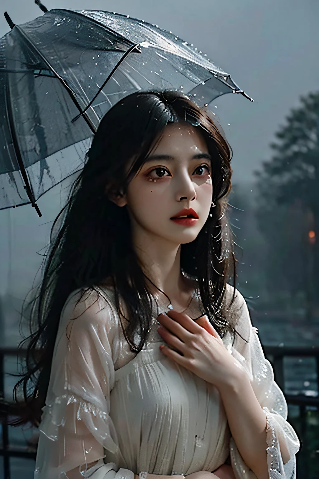 ((Masterpiece), exquisite details to the extreme, delicate and sad atmosphere, antique ghost bride, red eyes, extremely serious and fearful look, black wedding dress, floating in the atmosphere of slaughter, (standing alone in the rainy night, drizzling, tearing the nightmare and sorrow of the heart), beautiful atmosphere spreading, hurried through a chaotic mist, (film) the dark tones and deep themes of the lens, tears falling silently with raindrops.) )