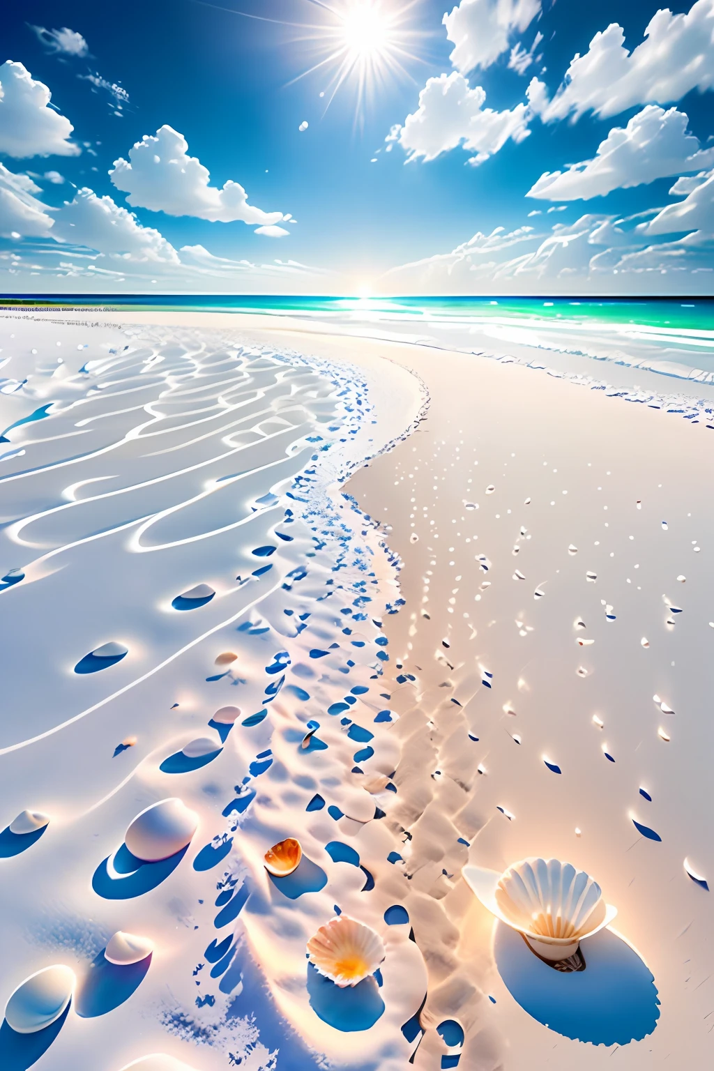 Exquisite scenes,depth of fields,8K,Gorgeous sky,White clouds,The sun shines on the snow-white sand,Colorful shells,Like a gem,The sea is sparkling,