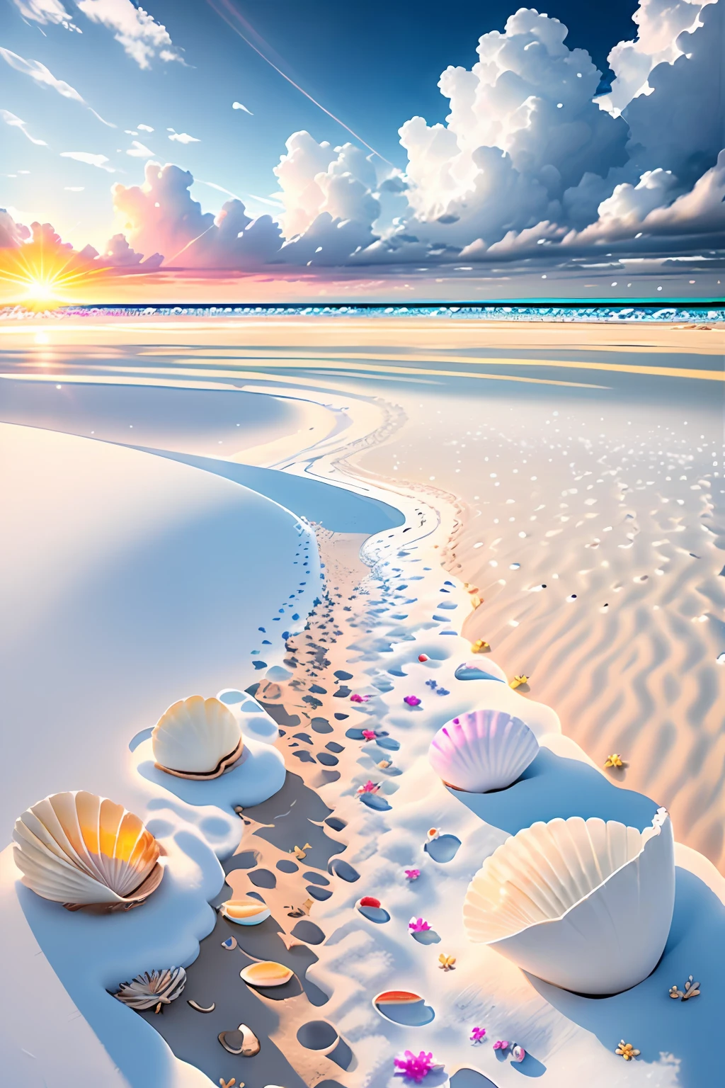 Exquisite scenes，depth of fields，8K，Gorgeous sky，White clouds，The sun shines on the snow-white sand，Colorful shells，Like a gem，The sea is sparkling，