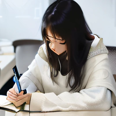 Woman sitting at table writing with pen in notebook, Student, Li Zixin, trying to study,White hoodies，Long hair shawl， studying in a brightly lit room,