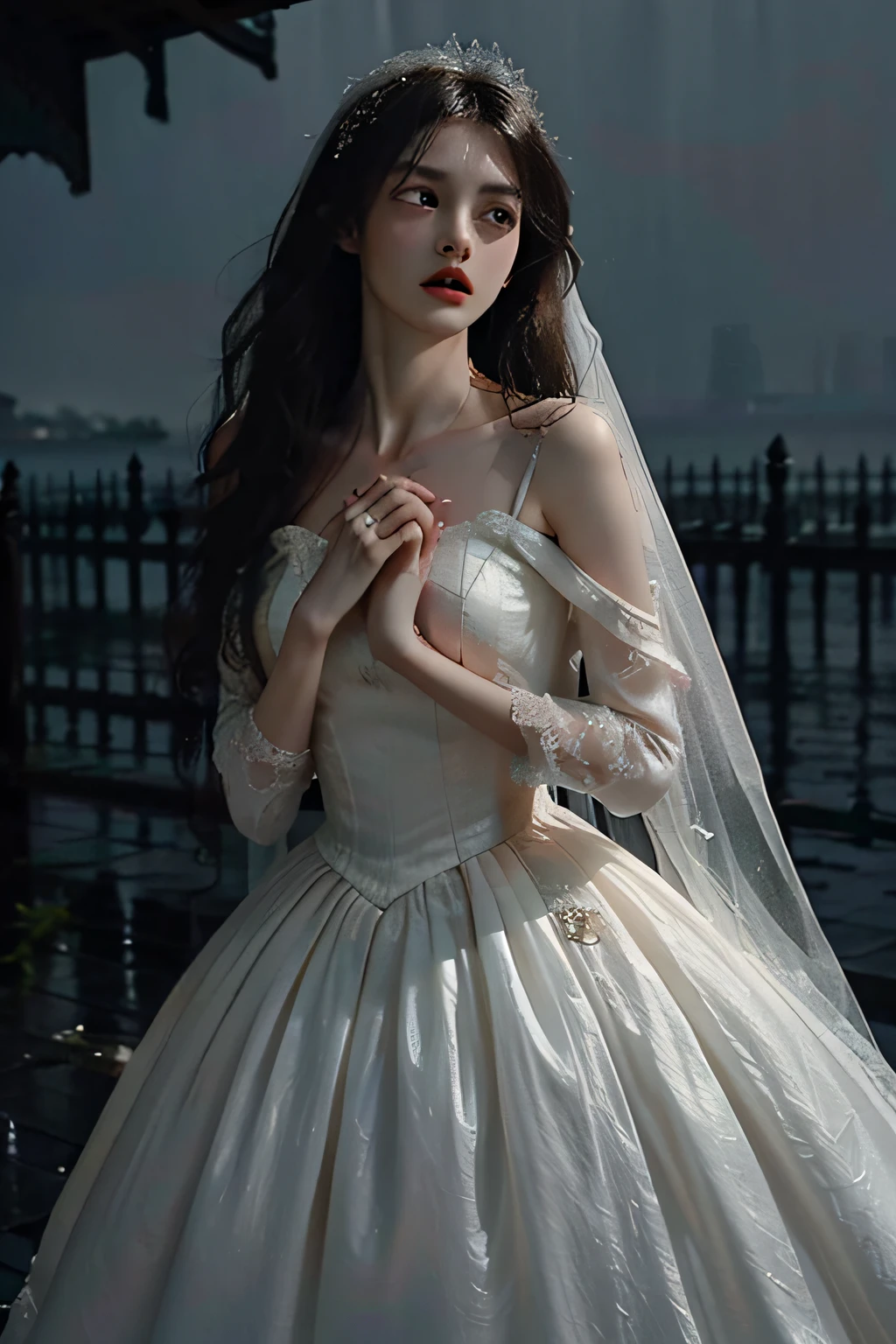 ((Masterpiece), exquisite details to the extreme, delicate and sad atmosphere, antique ghost bride, red eyes, extremely serious and fearful look, black wedding dress, floating in the atmosphere of slaughter, (standing alone in the rainy night, drizzling, tearing the nightmare and sorrow of the heart), beautiful atmosphere spreading, hurried through a chaotic mist, (film) the dark tones and deep themes of the lens, tears falling silently with raindrops.) )