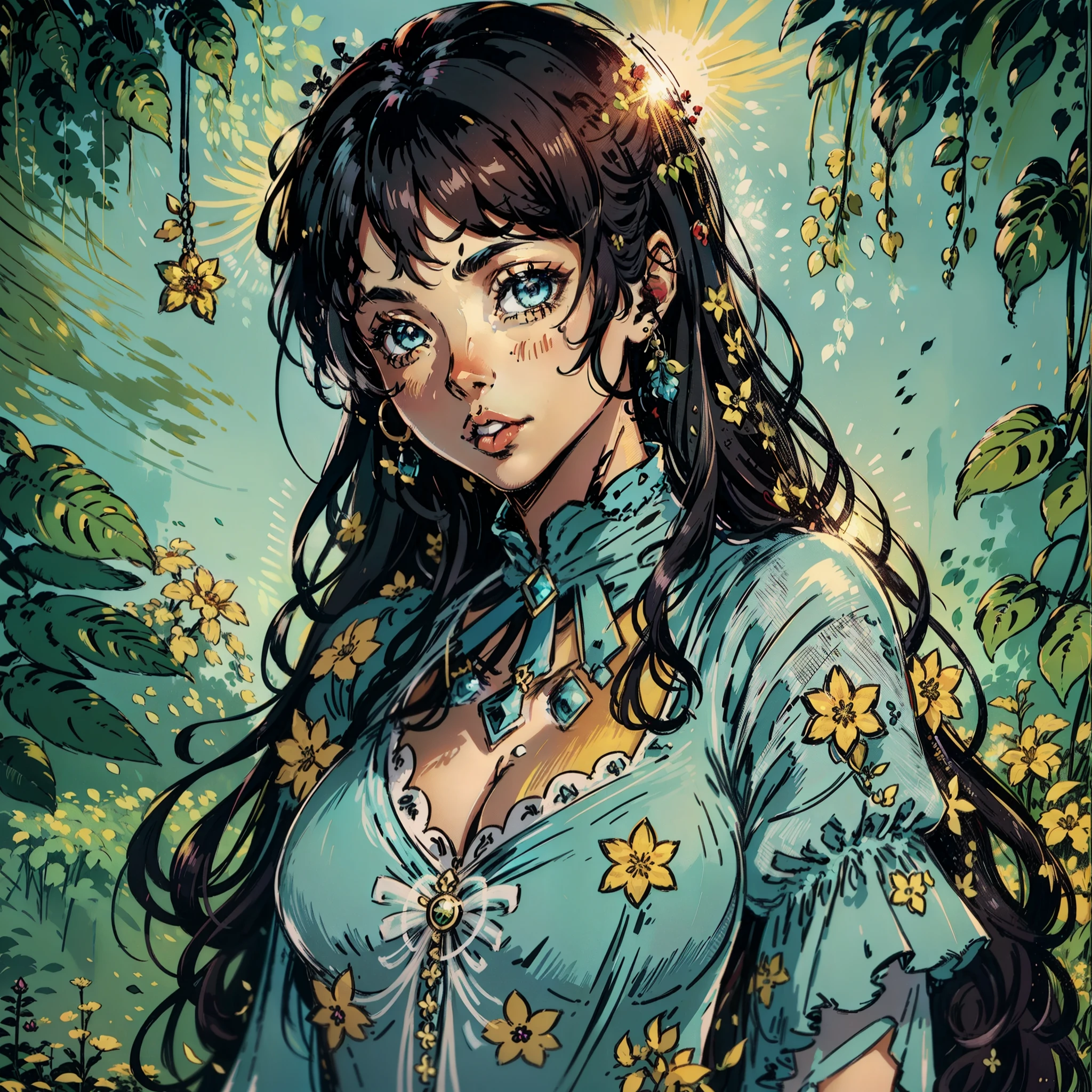 Black women, Beauty,sexy,small breast,Princess,longe Black hair,light BLUE dress,Personagem de RPG, Retrato CloseUp, fundo da floresta