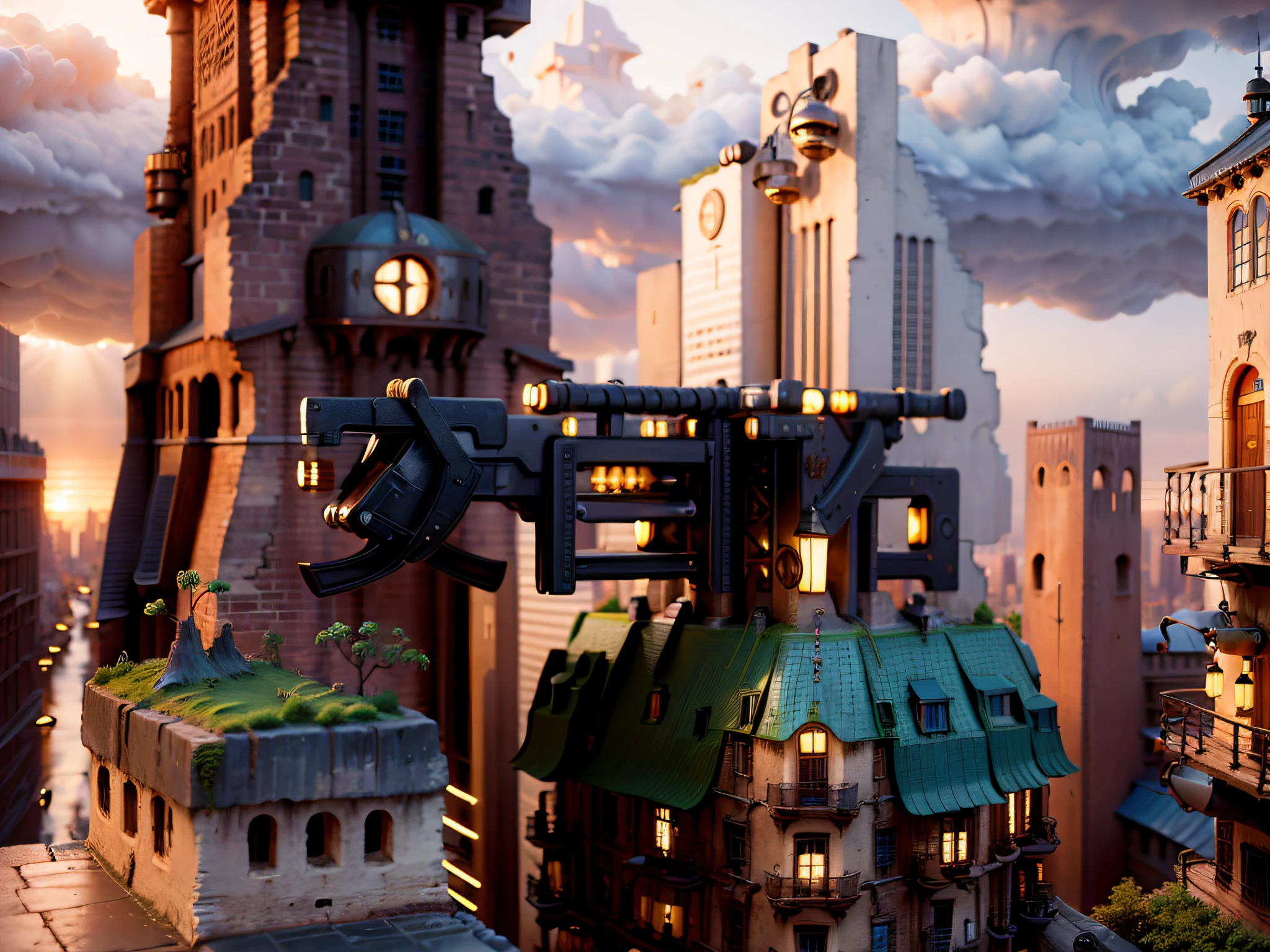 ((masterpiece)),((best quality)),((high detial)),((realistic,)) Industrial age city, deep canyons in the middle, architectural streets, bazaars, Bridges, rainy days, steampunk, European architecture, best quality