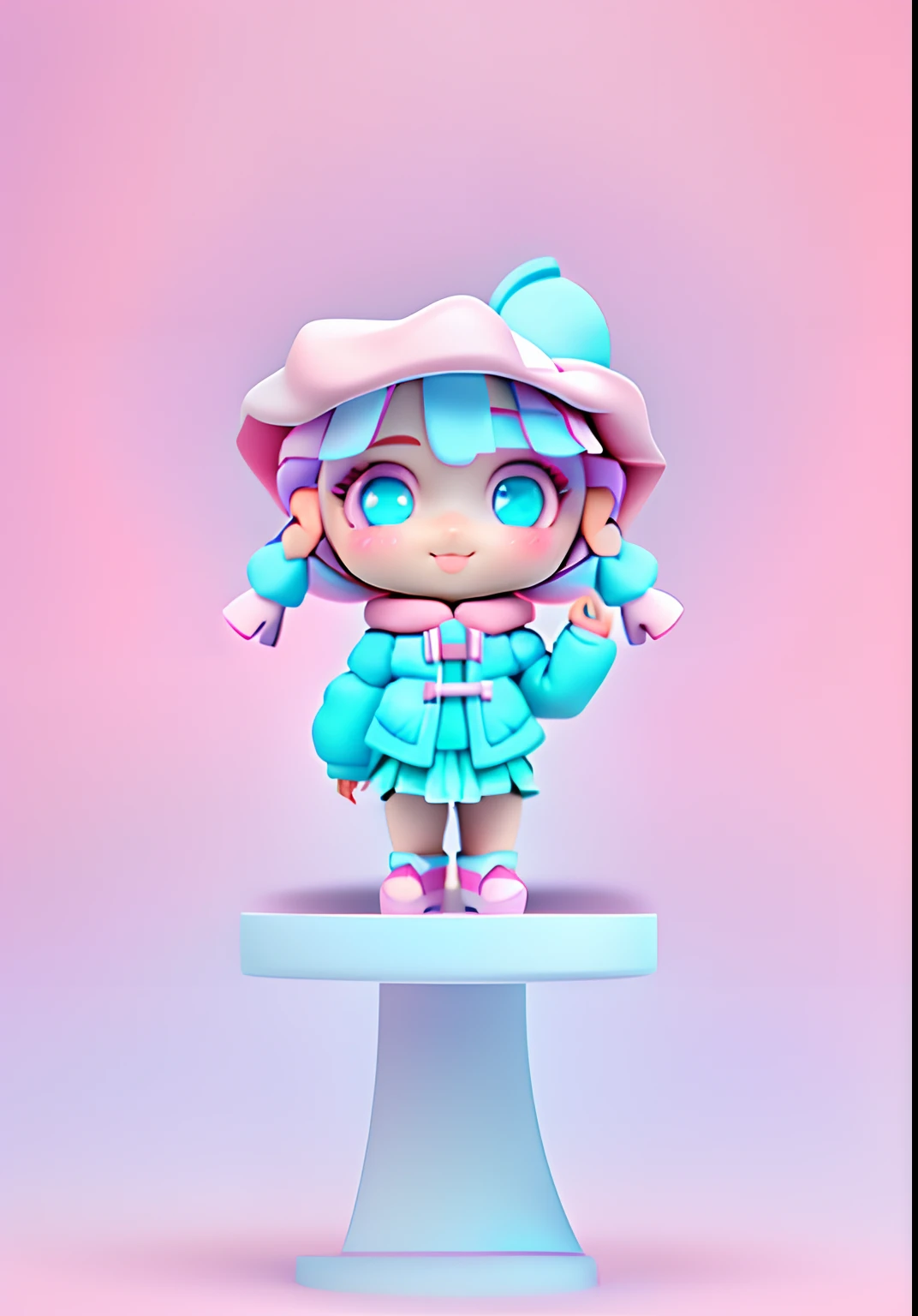 Cute girl，Bright colors，Modeling，Pink coat，Short blue skirt，Khaki snow boots，baby pink hair，Lilac petal-shaped hat，Lilac gradient eyes，Dopamine color matching，Dreamy gradient color matching，having fun，pale pink blush，Smooth skin，Black and silver camera，White skin