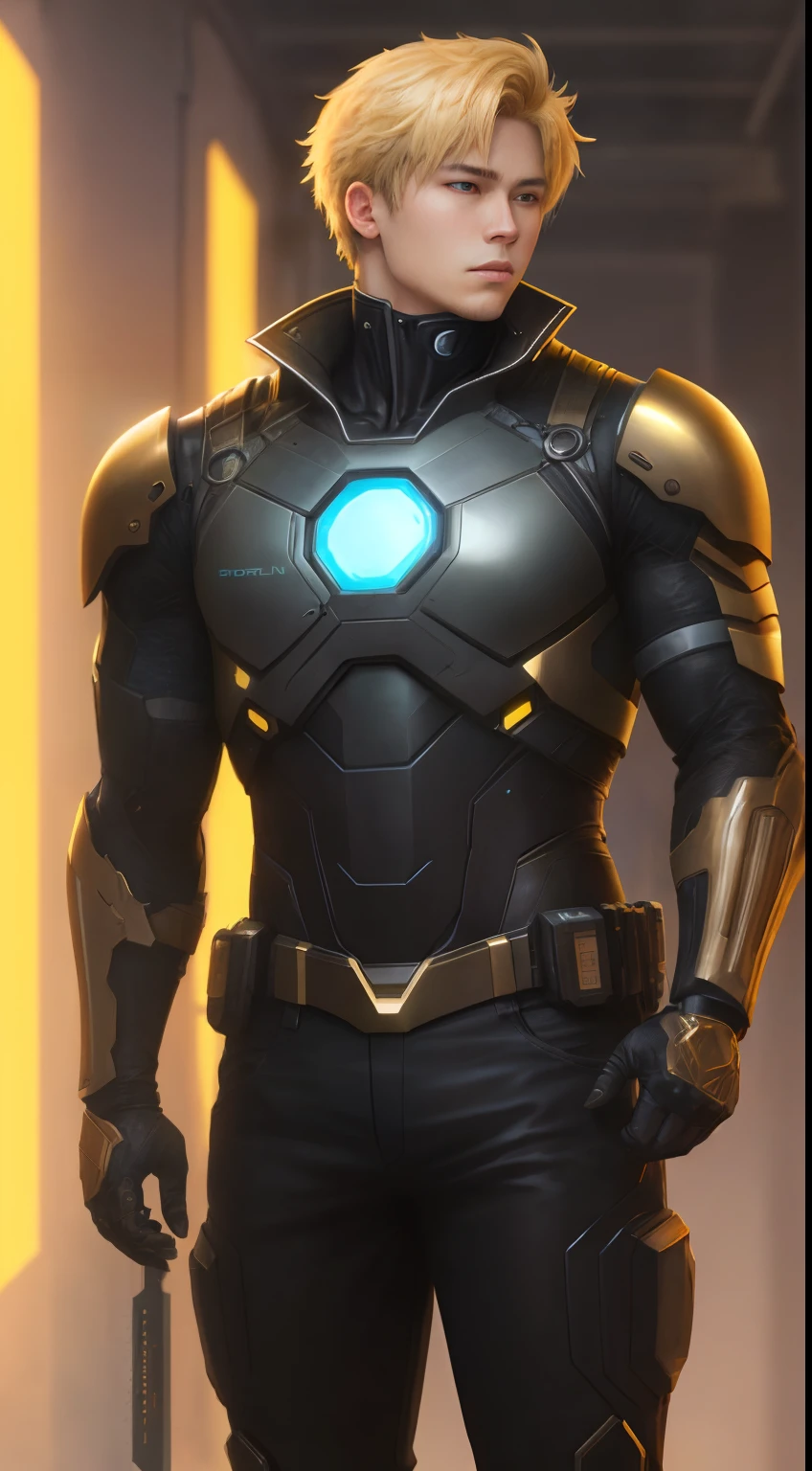 of a guy, Cool look, cyber punk perssonage, armor, Golden Lab, Tech arm, Golden breath, Chubby body, Anime style, Depth of field, High quality