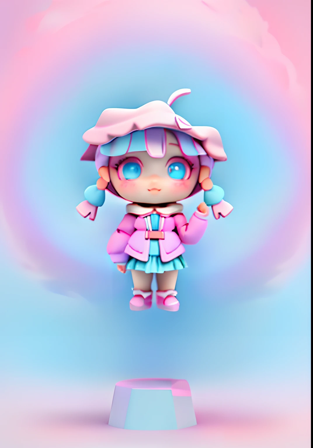 Cute girl，Bright colors，Modeling，Pink coat，Short blue skirt，Khaki snow boots， pink hair，Lilac petal-shaped hat，Lilac gradient eyes，Dopamine color matching，Dreamy gradient color matching，having fun，pale pink blush，Smooth skin，Black and silver camera，White skin