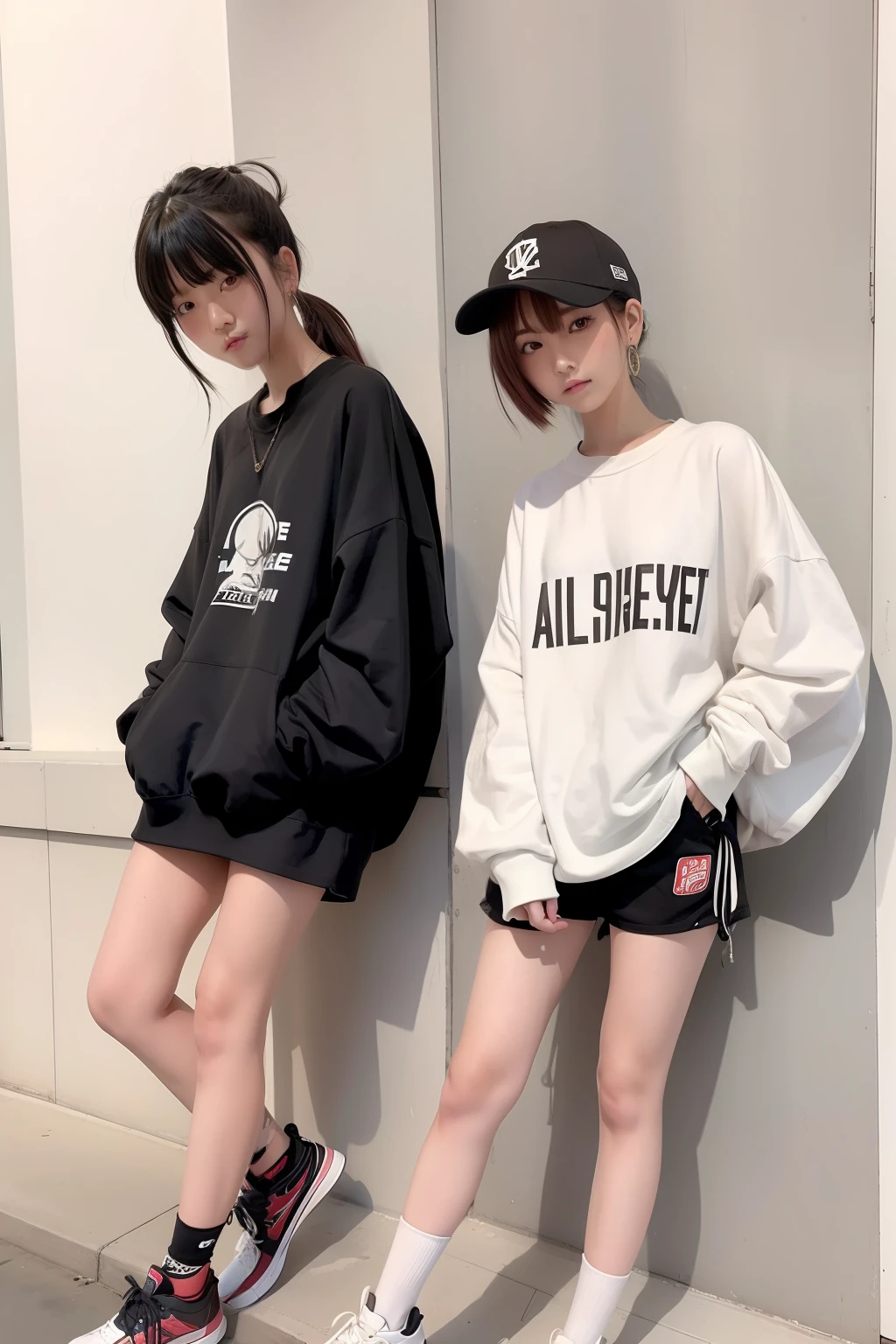 ((masutepiece, of the highest quality, High Definition)),College girl leaning against skateboard wall, casual clothing style, she is wearing streetwear, advertisement picture, woman in streetwear, japanese streetwear, Styling, cool style, simple style, style of masami kurumada, one-piece style, dressed with long fluent clothes, casual streetwear, cute casual streetwear, Short pants, Asymmetry!!, lookbook