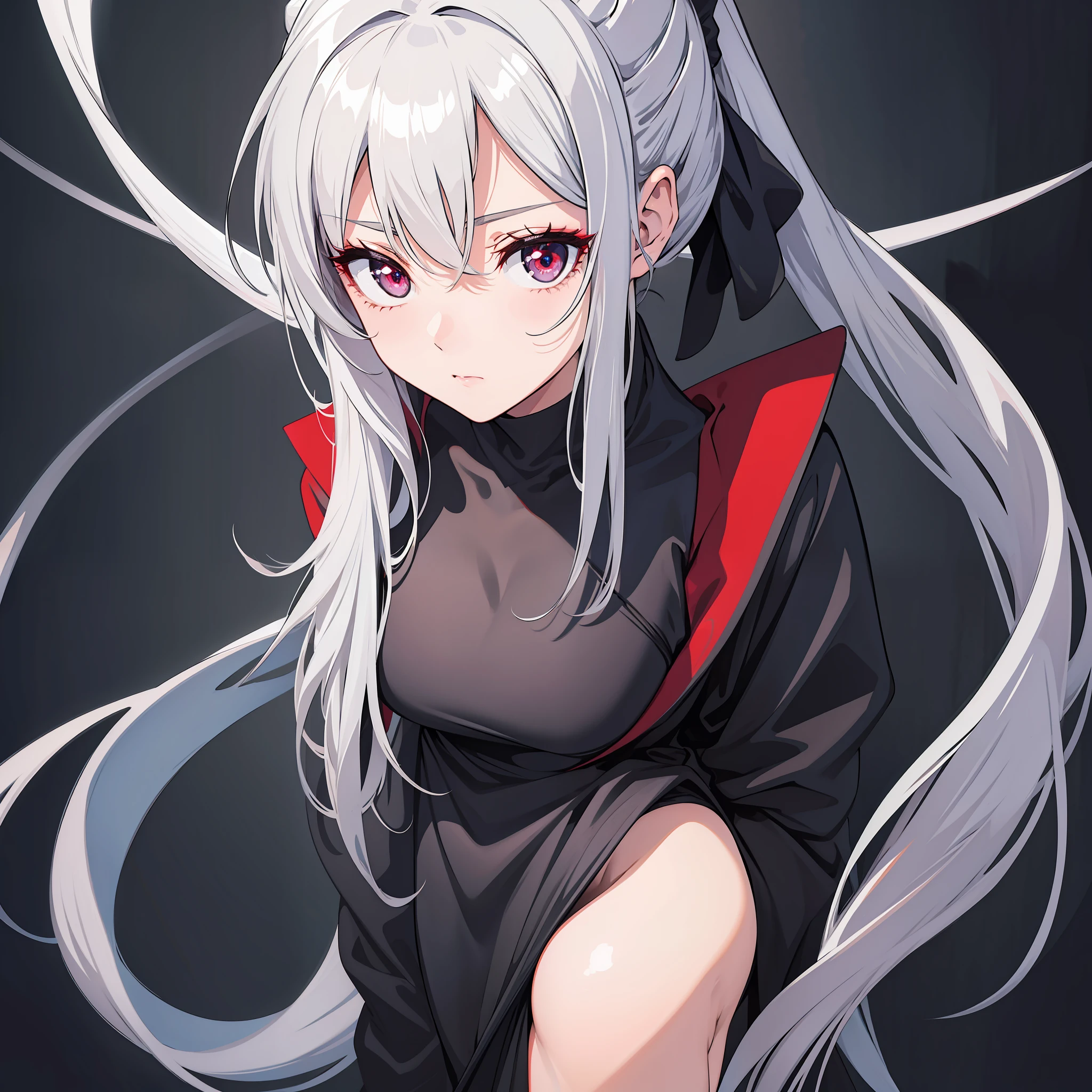 silver hair hair, cute black dress, crimson eyes, lowest ponytail, masterpiece, best quality, high resolution