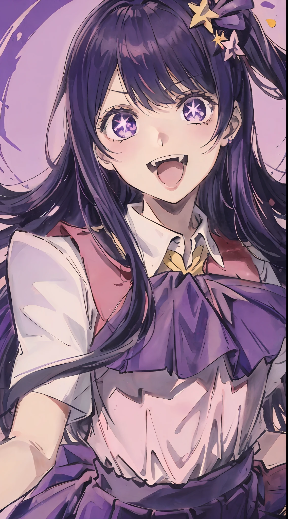 1girll，（（There is a five-pointed star in the eye））Gorgeous Hair in Long Purple，Smile，Open mouth，JK school uniform，Blushlush