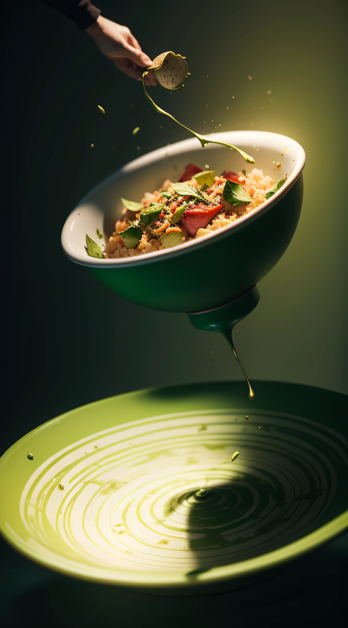 The food in the bowl magically flew into the air，Form a circle，Dark green background