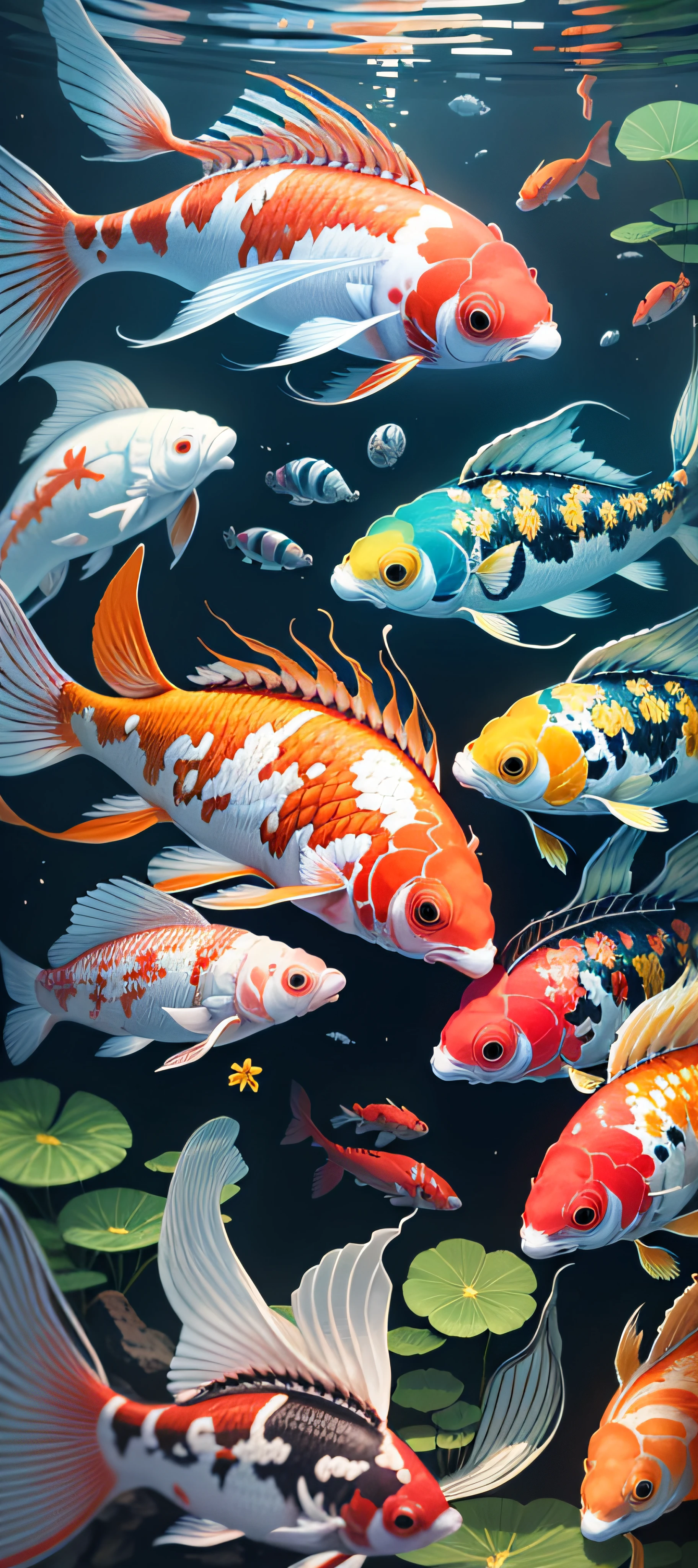 1
Close-up of fish swimming in pond,There are flowers, floating koi fish, koi fishes, koi fish floating in space, Koi, koi fishes, koi colors, ( ( ( koi colors ) ) ), inspired by Koson Ohara, Fish swimming, fish swimming around, Koi pond, floating goldfish, inspired by Ohara Koson, author:Wen Boren