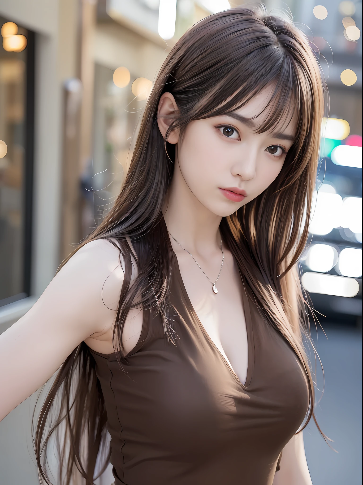 ((Realistic lighting、top-quality、8K、​masterpiece:1.3))、Clear Focus:1.2、1girl in、perfectbodybeauty:1.4、Slim abs:1.1、full bodyesbian、((Dark brown hair、big:1.3))、(Acceleration:1.4)、(outside of house、natta:1.1)、street、Slender Face、Narrow-eyes、二重まぶた、Breasts that seem to protrude from the bra、Bring your chest together、Exposed cleavage、fashion model pose、hair messy、Floating hair、tshirts、JINS、a necklace、