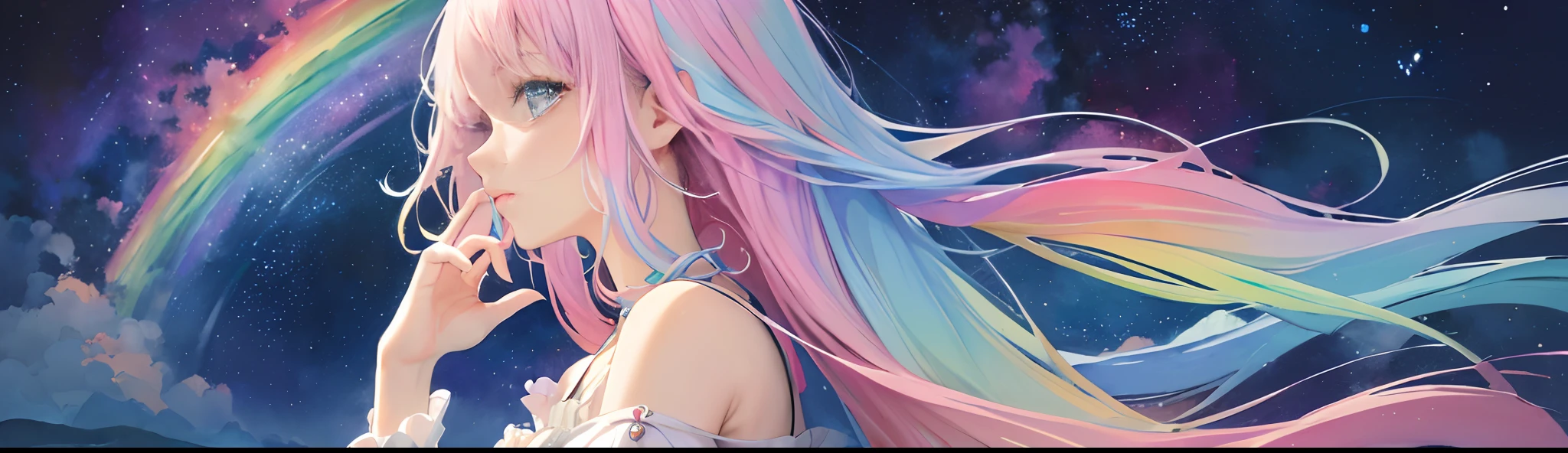 (masterpiece, top quality, best quality,watercolor (medium),official art, beautiful and aesthetic:1.2),(1girl:1.3), (fractal art:1.3),upper body, from side, looking at viewer,patterns,(rainbow color Hair,colorful hair,half blue and half pink hair:1.2),water,liquid, cloud,colorful, starry,stars,