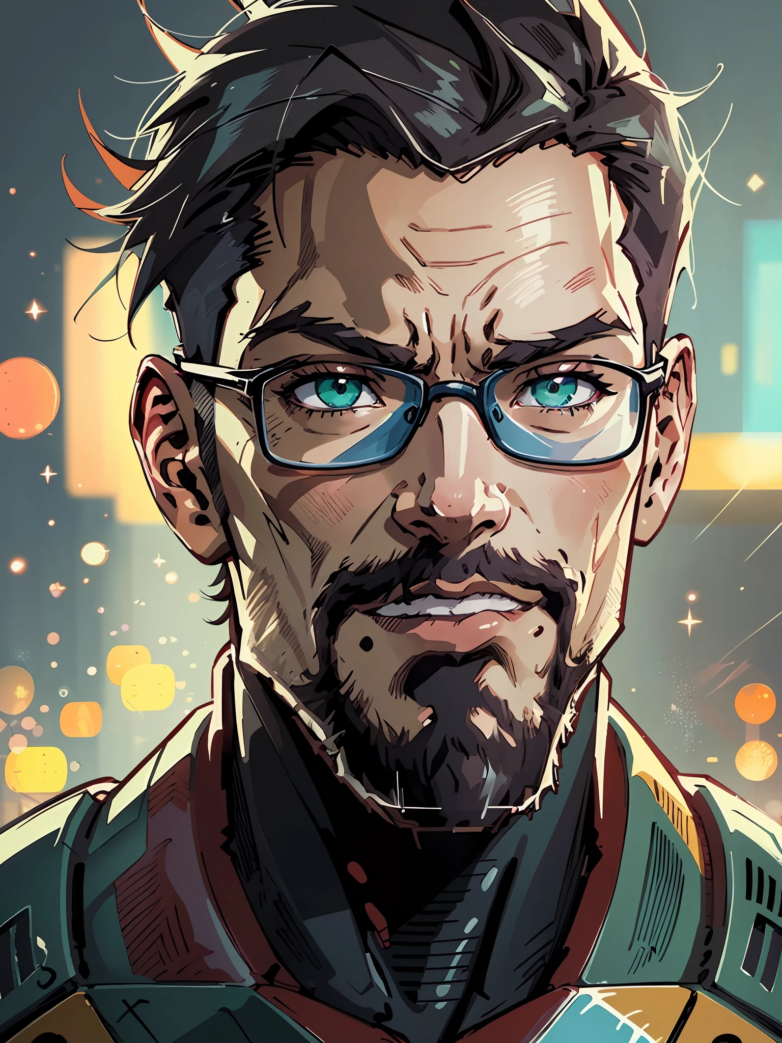 High quality portrait of Gordon Freeman from HL2. Art by Makoto Shinkai, Crunchyroll, pixiv, danbooru, HD, headshot, cinematic still, detailed anime face, bokeh, digital art, cel shading, vivid colors, ambient lighting, ((Muscular body))