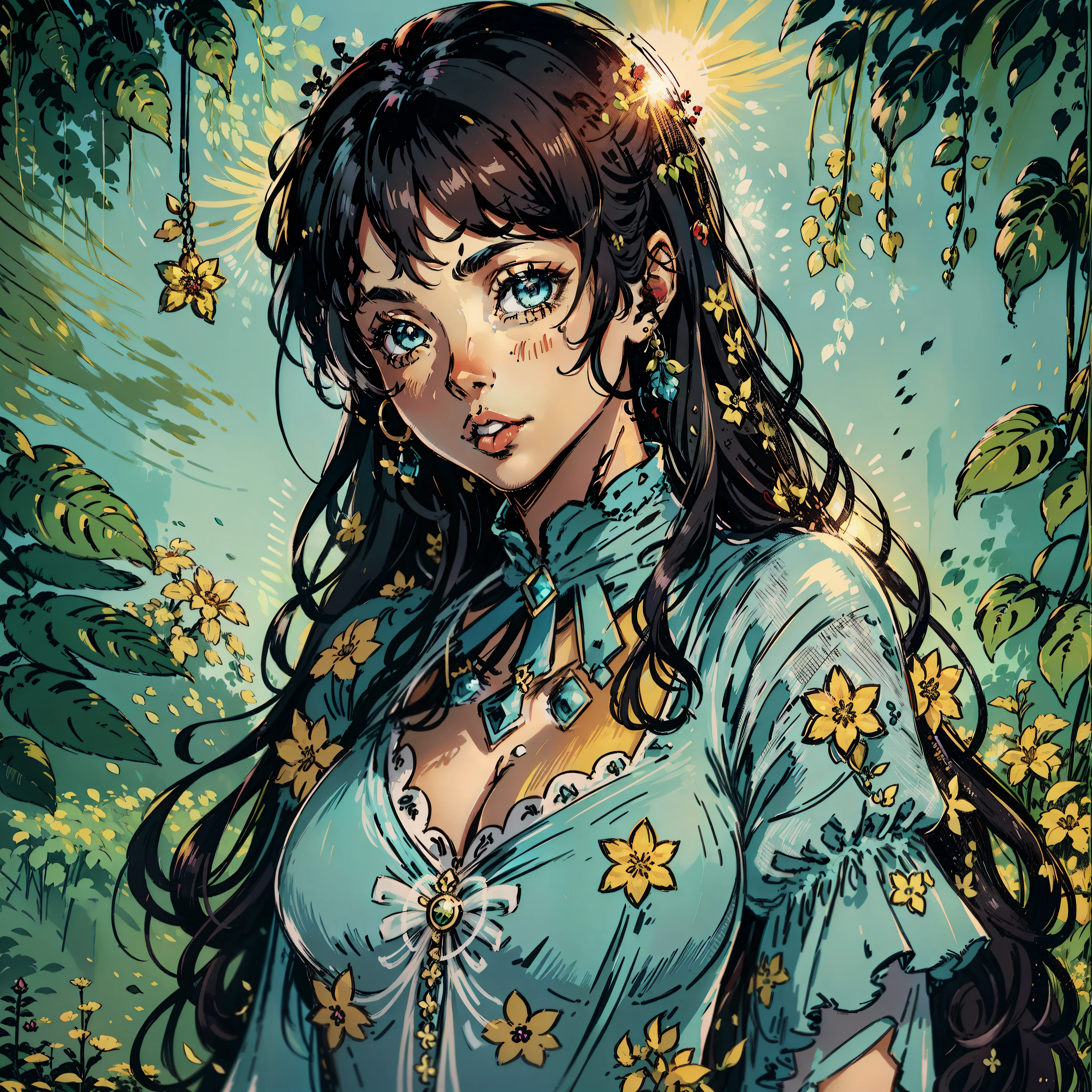 Black women, Beauty,sexy,small breast,Princess,longe Black hair,light BLUE dress,Personagem de RPG, Retrato CloseUp, fundo da floresta