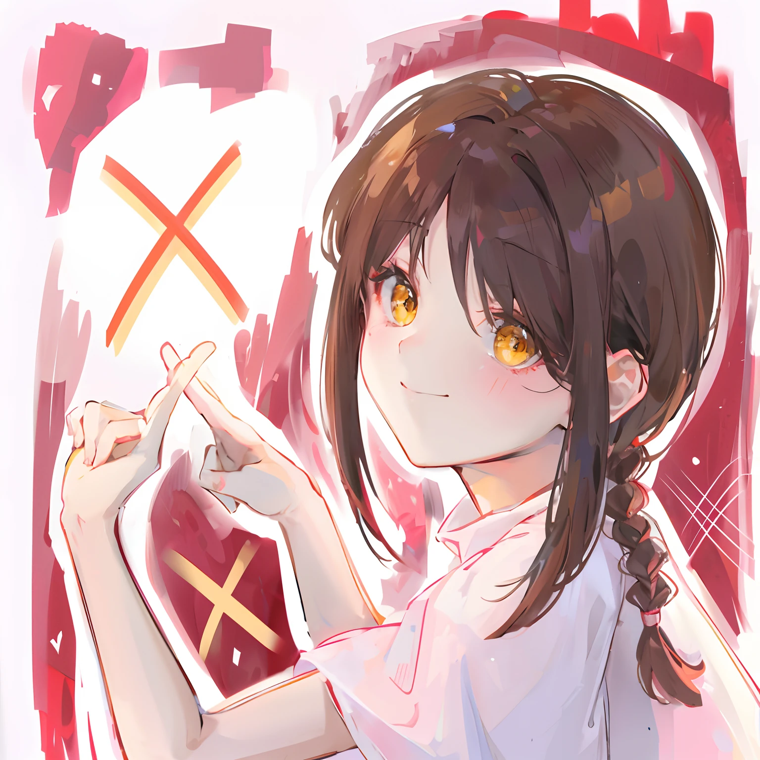 1girll,brunette color hair,Single twist braid,wearing white skirt,yellow-eyed