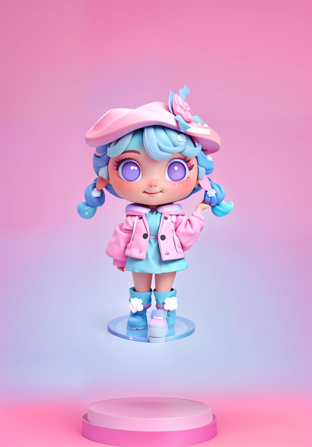 Cute girl，Bright colors，Modeling，Pink coat，Short blue skirt，Khaki snow boots，baby pink hair，Lilac petal-shaped hat，Purple gradient eyes，Dopamine color matching，Dreamy gradient color matching，having fun，pale pink blush，Smooth skin，Black and silver camera，A pink-haired！！！
