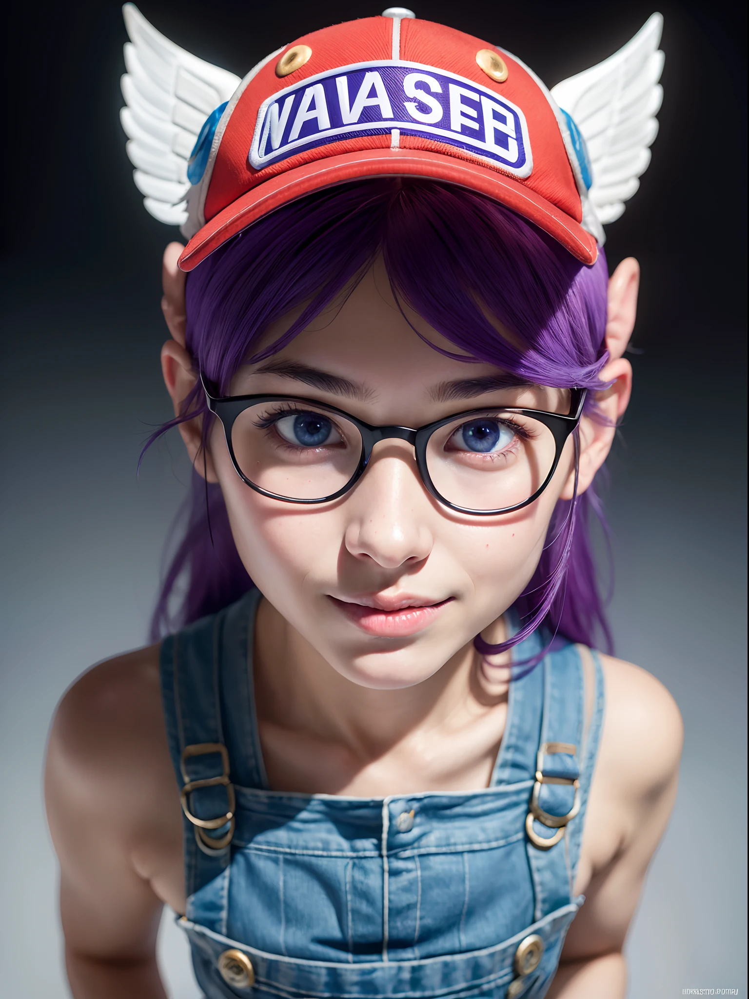 (masterpiece, best quality:1.4), (standing:1.5) (dynamic pose:1), 1girl, solo, (european youth:1), arale, glasses, blue eyes, long hair, purple hair, short sleeves, wing hat, red cap, (wing cap:1.5), red shirt, blue overalls, looking at viewer, beautifull smile, beautiful face, highly detailed face, highly detailed eyes, highly detailed skin, skin pores, subsurface scattering, realistic pupils, full face blush, full lips, detailed background, depth of field, volumetric lighting, sharp focus, absurdres, realistic proportions, good anatomy, (realistic, hyperrealistic:1.4), 16k hdr,