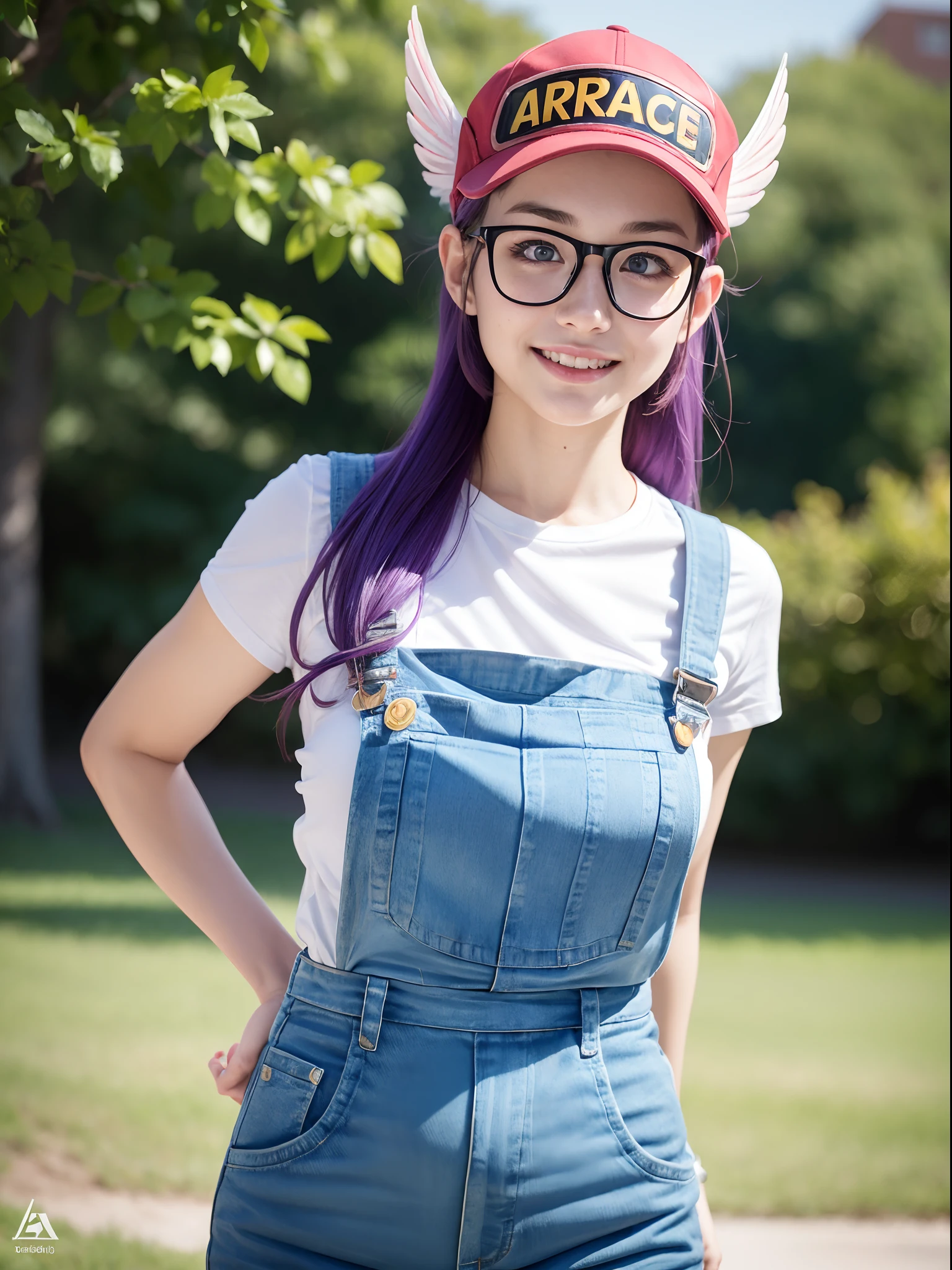 (masterpiece, best quality:1.4), (standing:1.5) (dynamic pose:1), 1girl, solo, (european youth:1), arale, glasses, blue eyes, long hair, purple hair, short sleeves, wing hat, red cap, (wing cap:1.5), red shirt, blue overalls, looking at viewer, beautifull smile, beautiful face, highly detailed face, highly detailed eyes, highly detailed skin, skin pores, subsurface scattering, realistic pupils, full face blush, full lips, detailed background, depth of field, volumetric lighting, sharp focus, absurdres, realistic proportions, good anatomy, (realistic, hyperrealistic:1.4), 16k hdr,