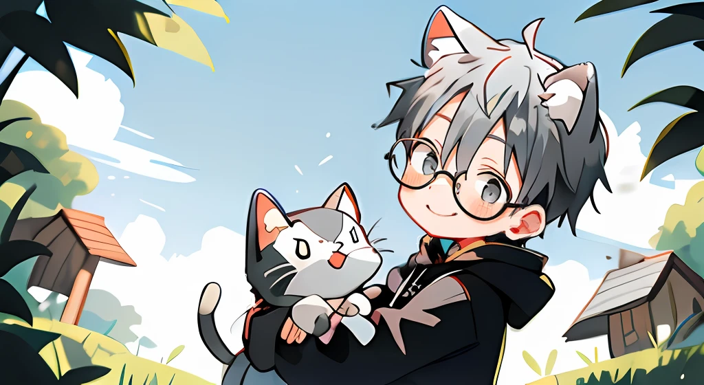 boy boy, black and gray hair, wear round glasses, gray eyes, shyness, Hugging stuffed animals, Wear an oversize hoodie, white socks, cat ears, cat tail, smiling, outside the lawn, sit down, looking up at the sky