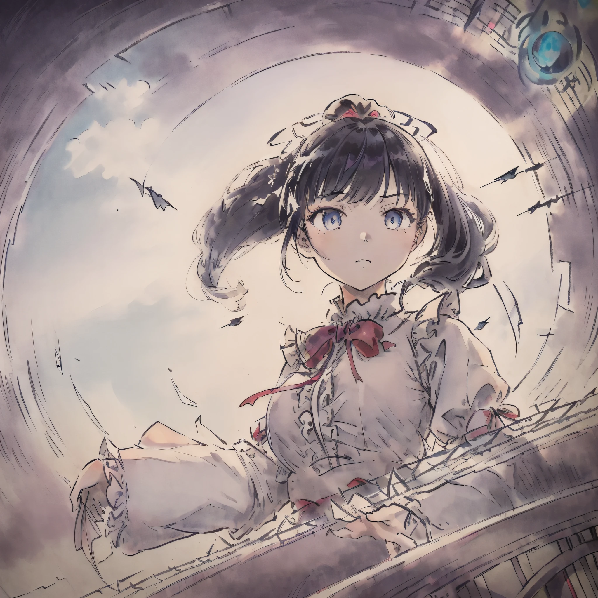 ((illustration)), ((floating hair)), ((chromatic aberration)), ((caustic)), lens flare, dynamic angle, ((portrait)), (1 girl), ((solo)), cute face, ((hidden hands)), asymmetrical bangs, (beautiful detailed eyes), eye shadow, ((huge clocks)), ((glass strips)), (floating glass fragments), ((colorful refraction)), (beautiful detailed sky), ((dark intense shadows)), ((cinematic lighting)), ((overexposure)), (expressionless), blank stare, big top sleeves, ((frills)), hair_ornament, ribbons, bowties, buttons, (((small breast))), pleated skirt, ((sharp focus)), ((masterpiece)), (((best quality))), ((extremely detailed)), colorful, hdr
