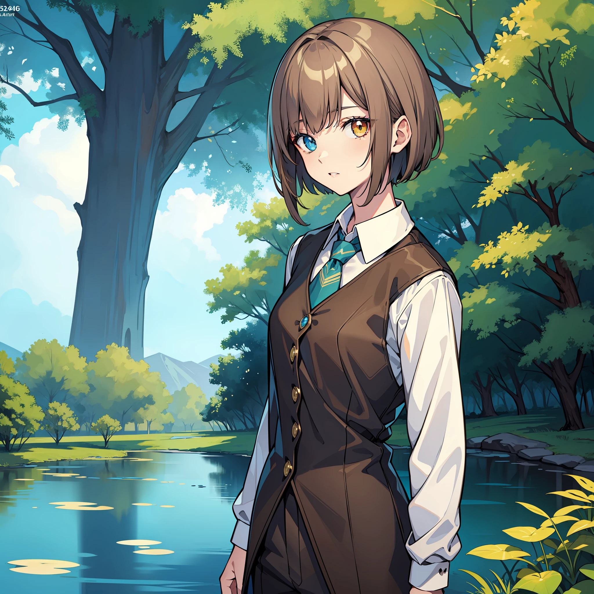 masterpiece, best quality, ultra glowing pond, straight hair, short hair, light brown hair, heterochromia eyes, detective outfit