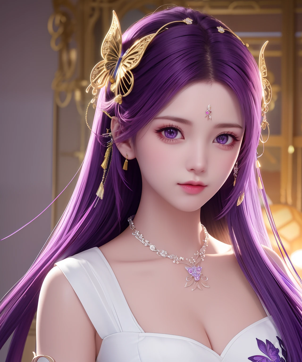 beste-Qualit, master-piece, Tall, 1girls, china dress, Hair ornaments, necklace, ornament, Beautiful face, When the body, Tyndall effect, photorealistic portrait, dark studio, Edge lighting, two-color light, (highly detailed skin:1.2), 8k uhd, dslr, Soft light, High Quality, Volumetric lighting, honest, Photograph, high-res, 4k, 8k,Purple hair, bright purple eyes.
Stick to the butterfly hairpin.