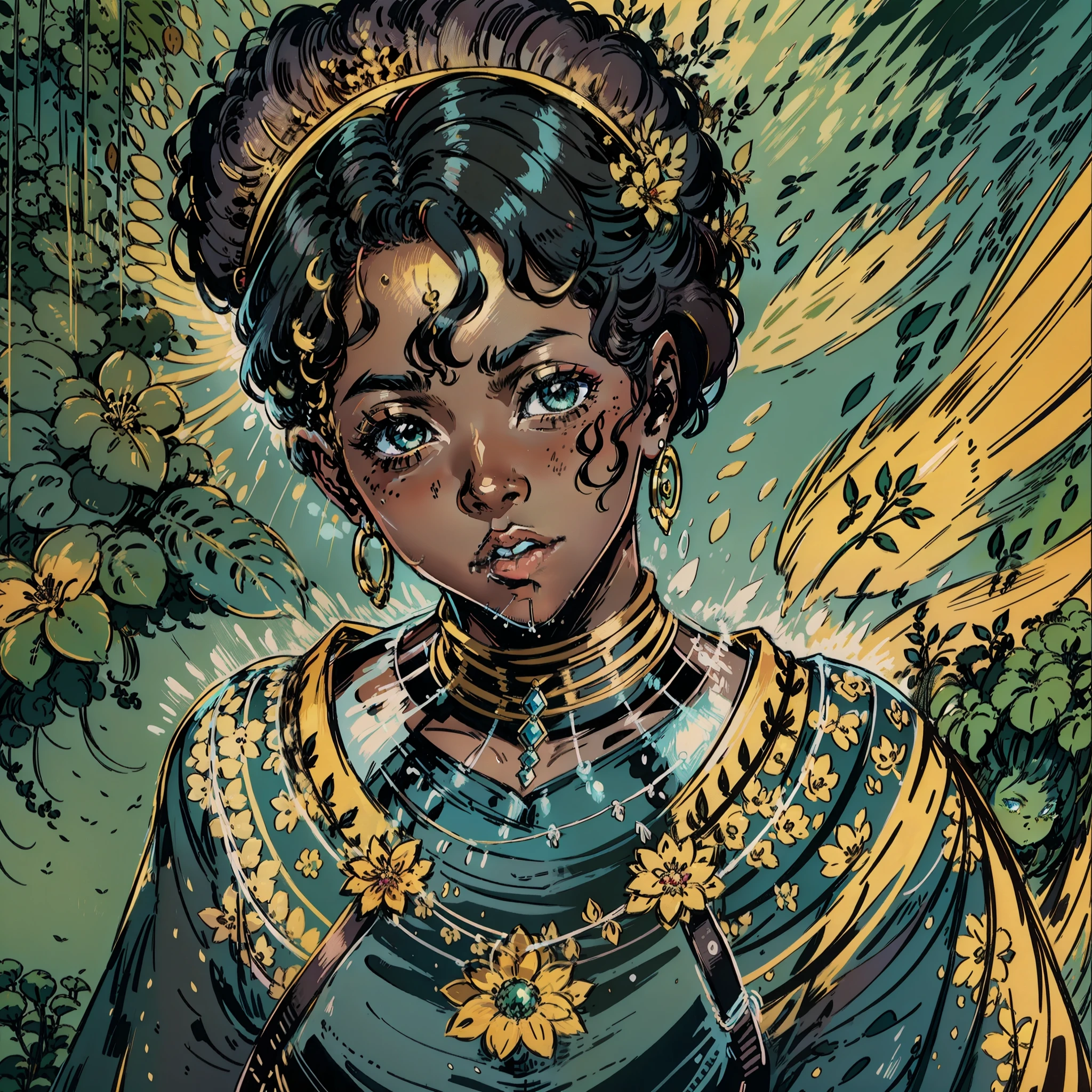 mulheres negras, beleza,sexy,peito pequeno,princesa,Cabelos pretos,vestido azul claro,Personagem de RPG, dark skin, african etnic,Retrato CloseUp, fundo da floresta