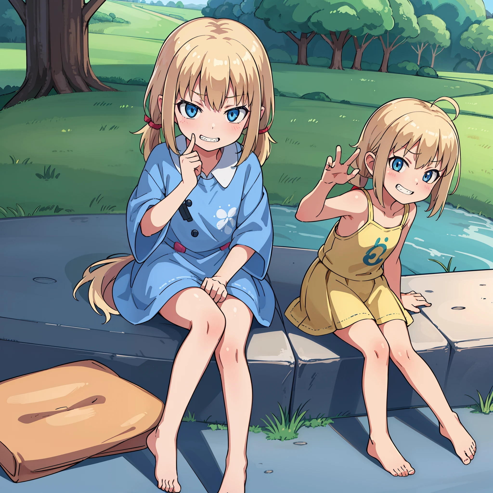 hiquality, tmasterpiece (One girl in kindergarten) cute face, A smirk with teeth on his face, blonde hair with two short ponytails and a hair band. Blue eyes - children's bright clothes. panty, Barefoot - a street in the park on the road near the trees against the background of trees